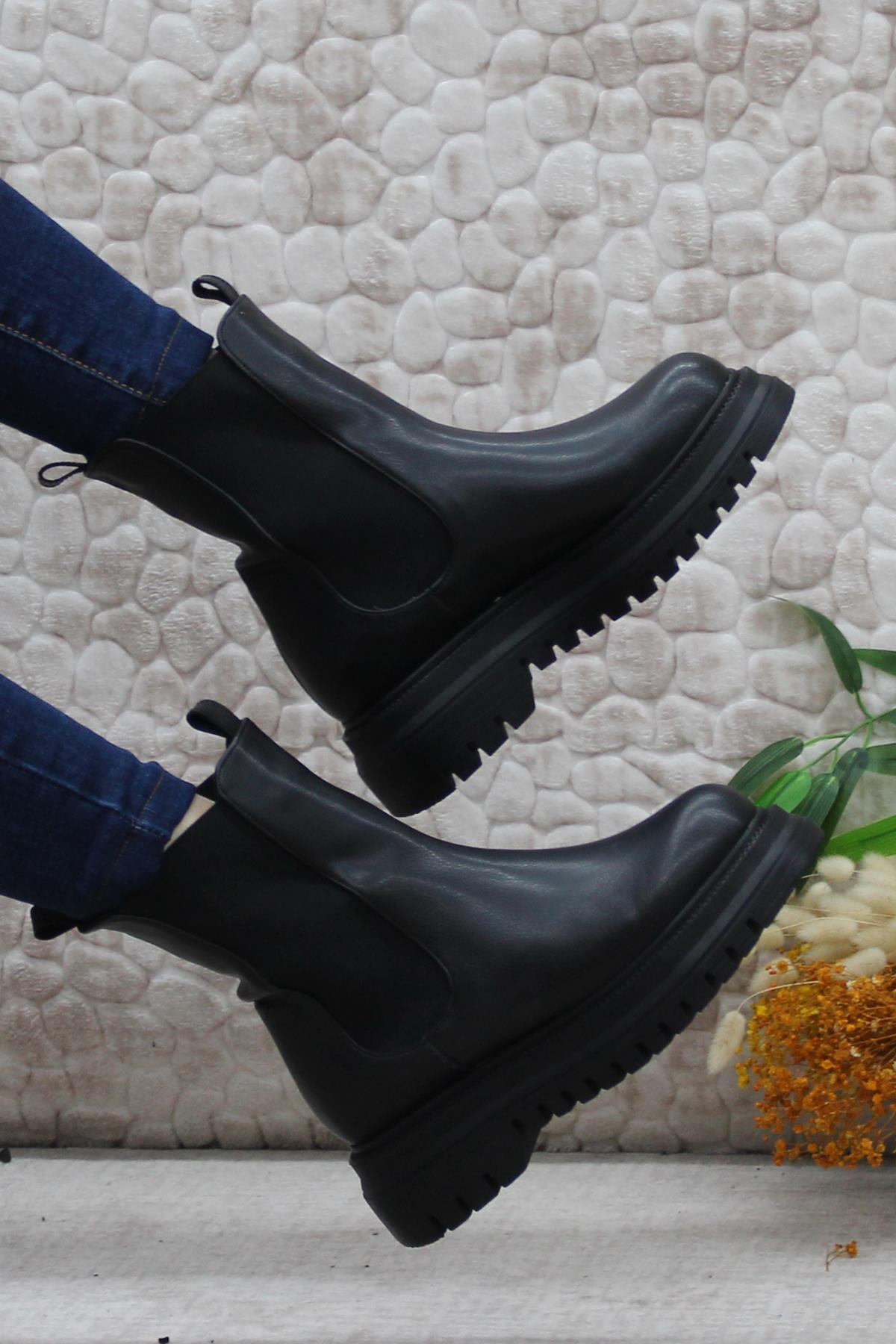 351028 Siyah Fashion Yiğimi Lastikli Sıcak Astar Kadın Bot - Görsel 6