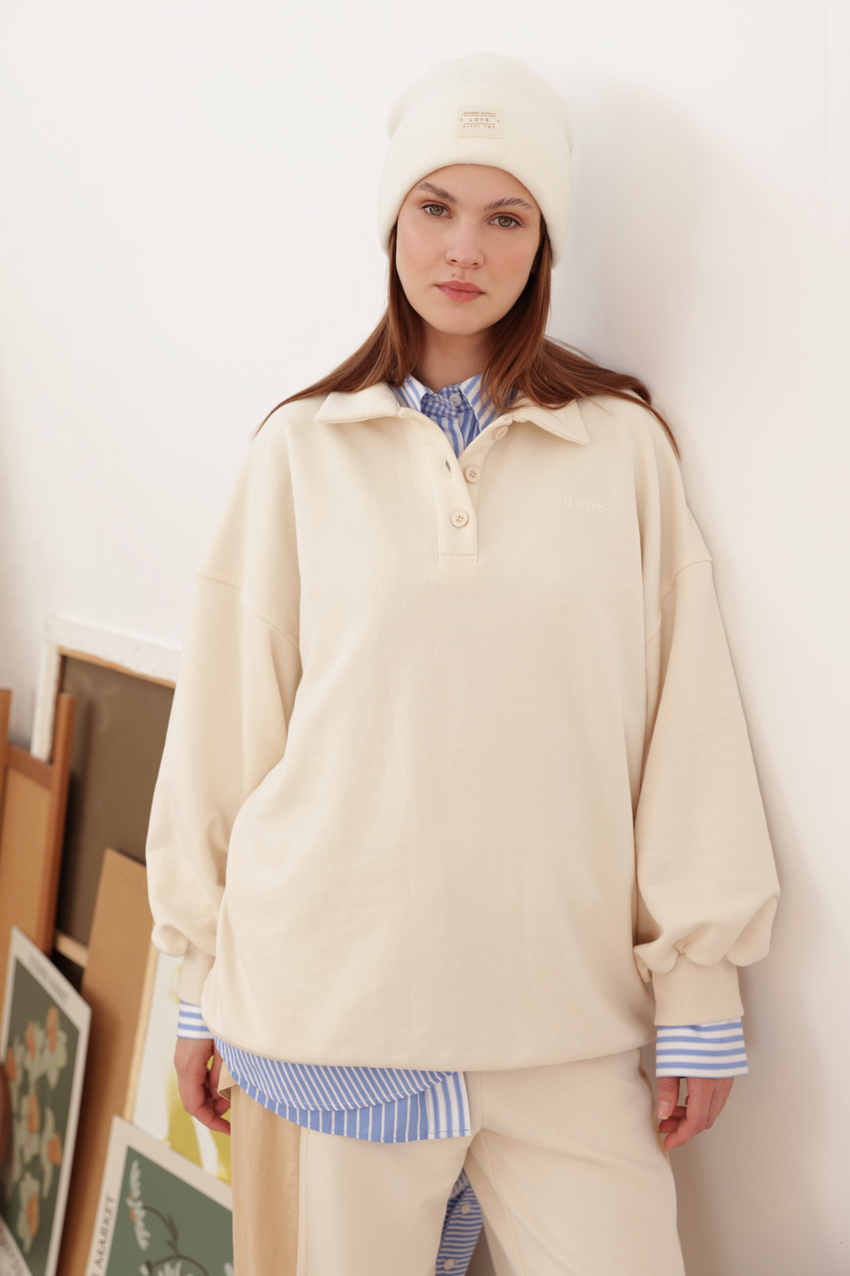 Ekru Polo Yaka  Oversize Sweatshirt