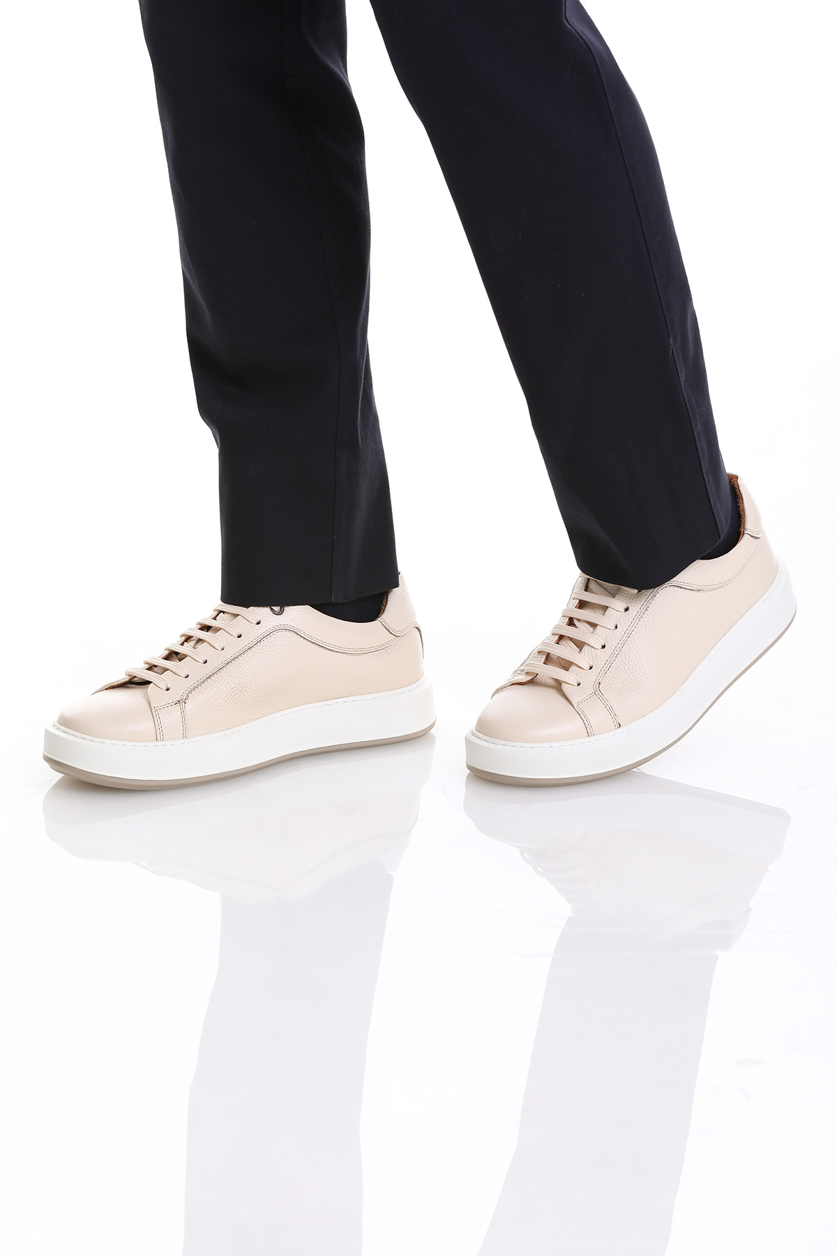 Bej Casual Bağcıklı Deri Sneakers - Görsel 4