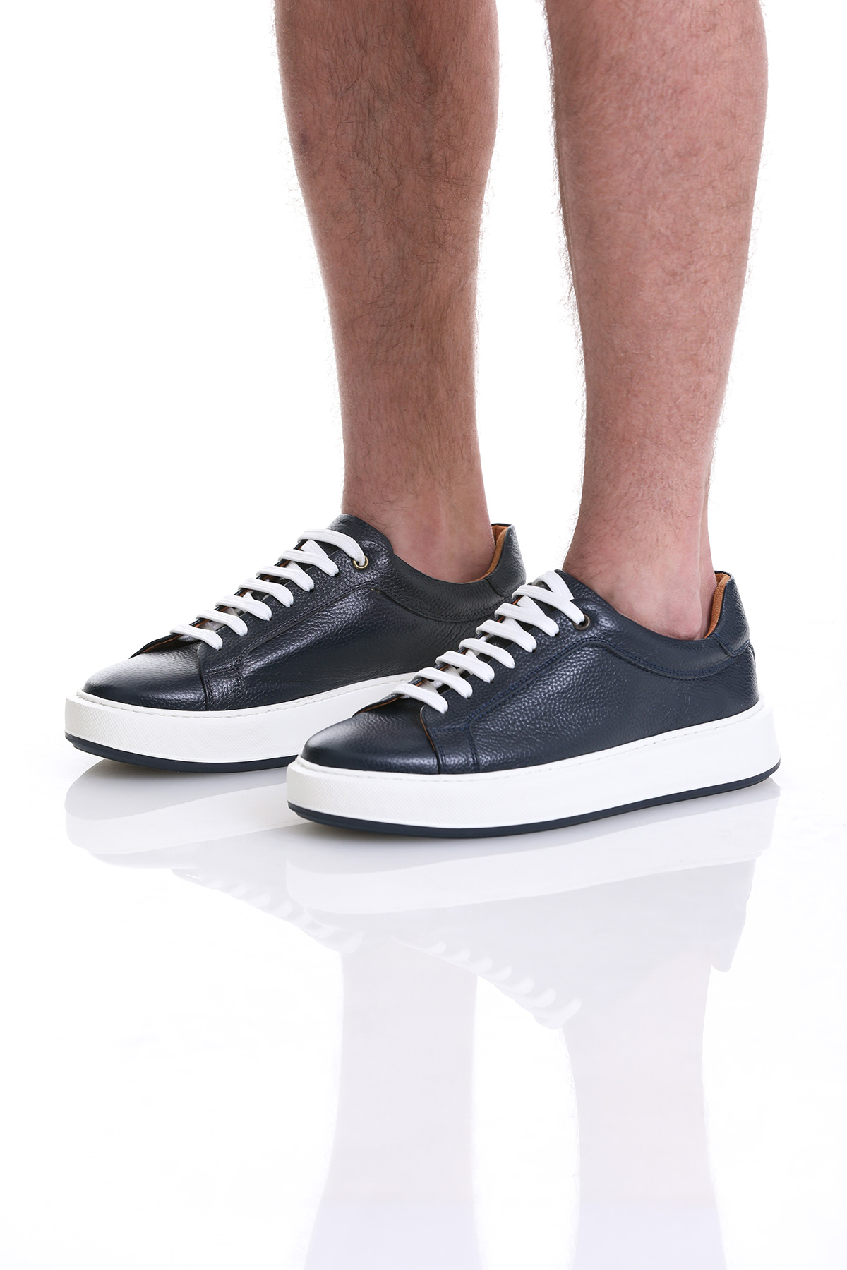 Lacivert Casual Bağcıklı Deri Sneakers - Görsel 3