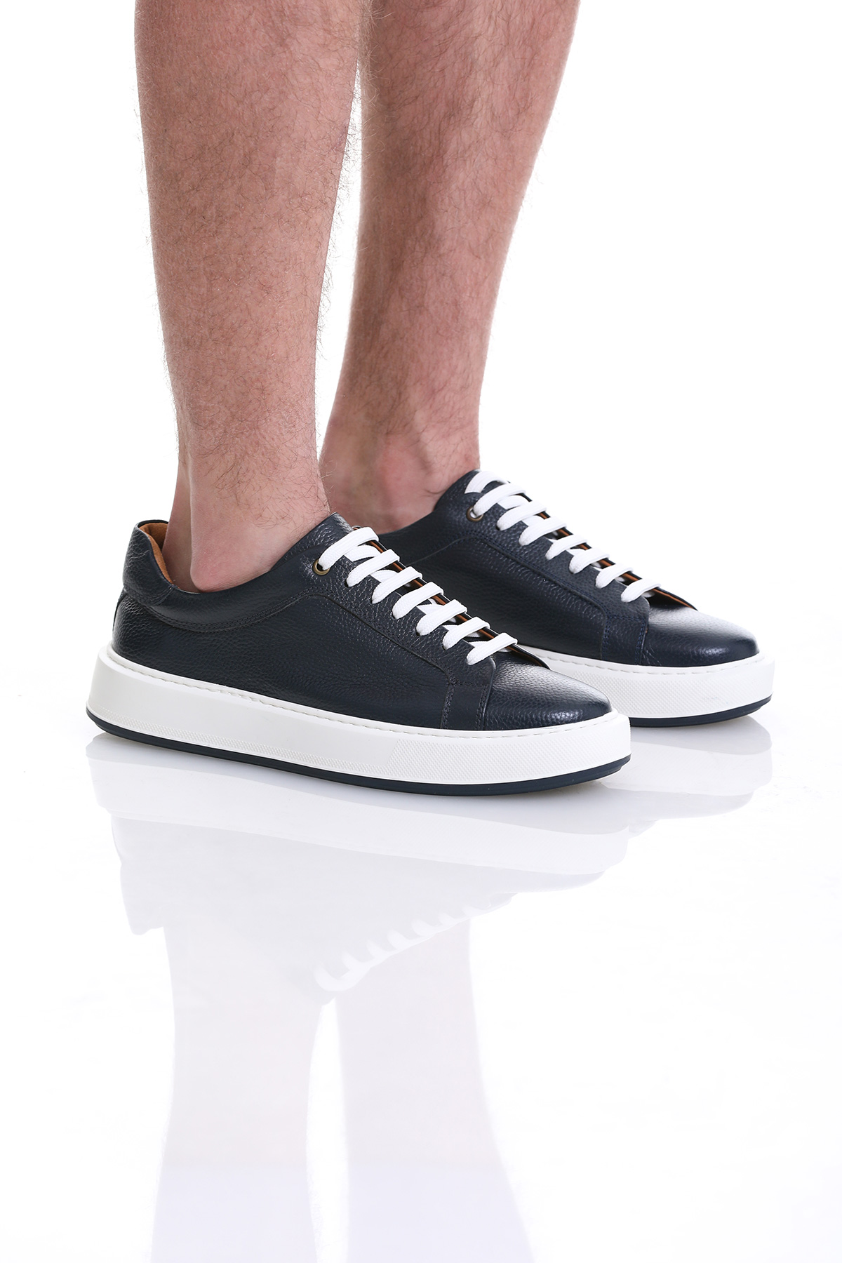 Lacivert Casual Bağcıklı Deri Sneakers - Görsel 4