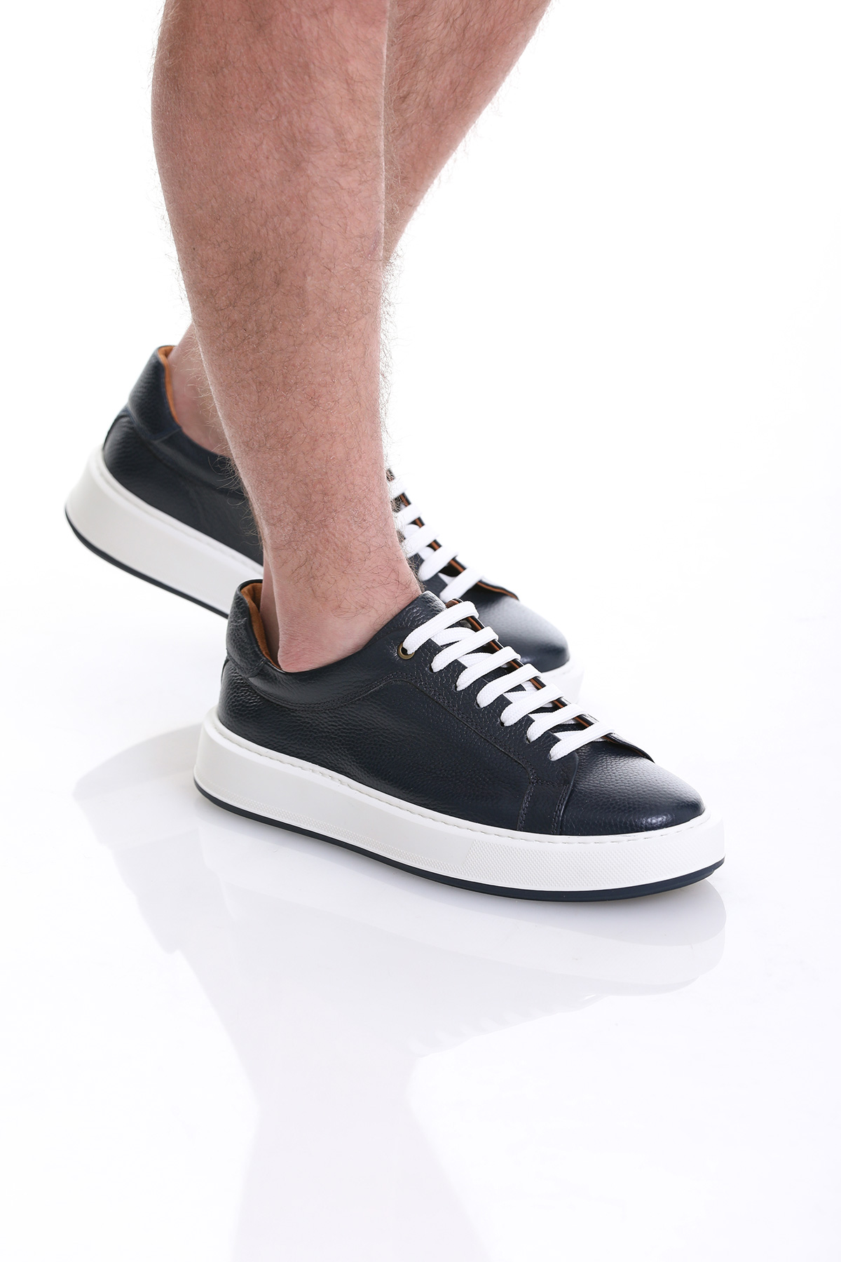 Lacivert Casual Bağcıklı Deri Sneakers - Görsel 5