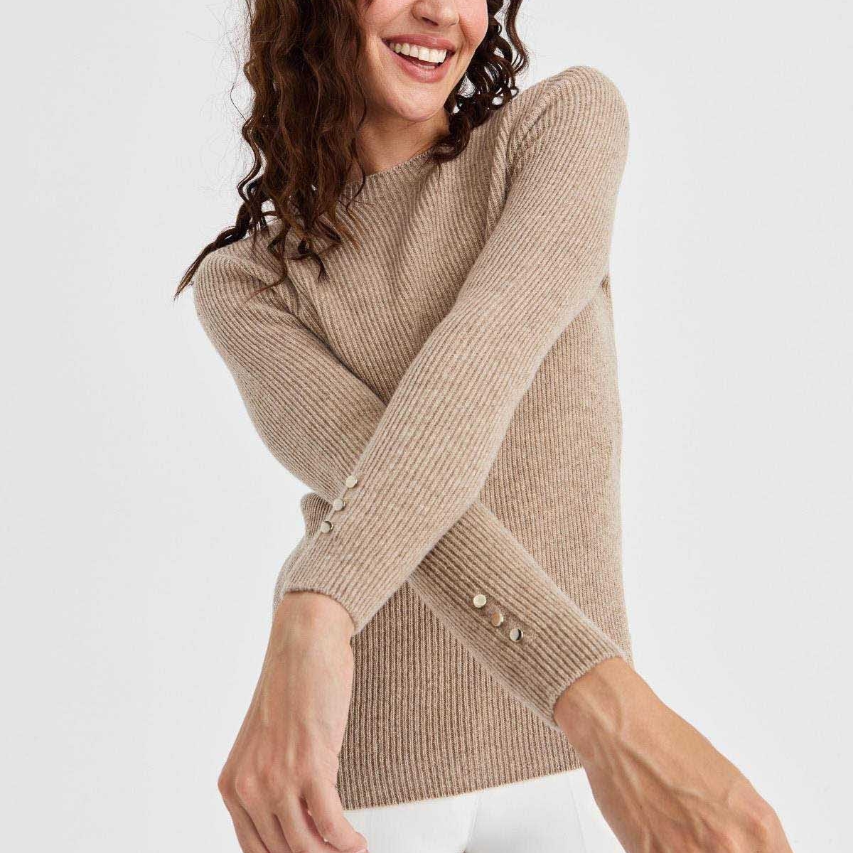 Kadın Sıfır Yaka Kol Ucu Düğmeli Yün Kazak 23158 K. Bej