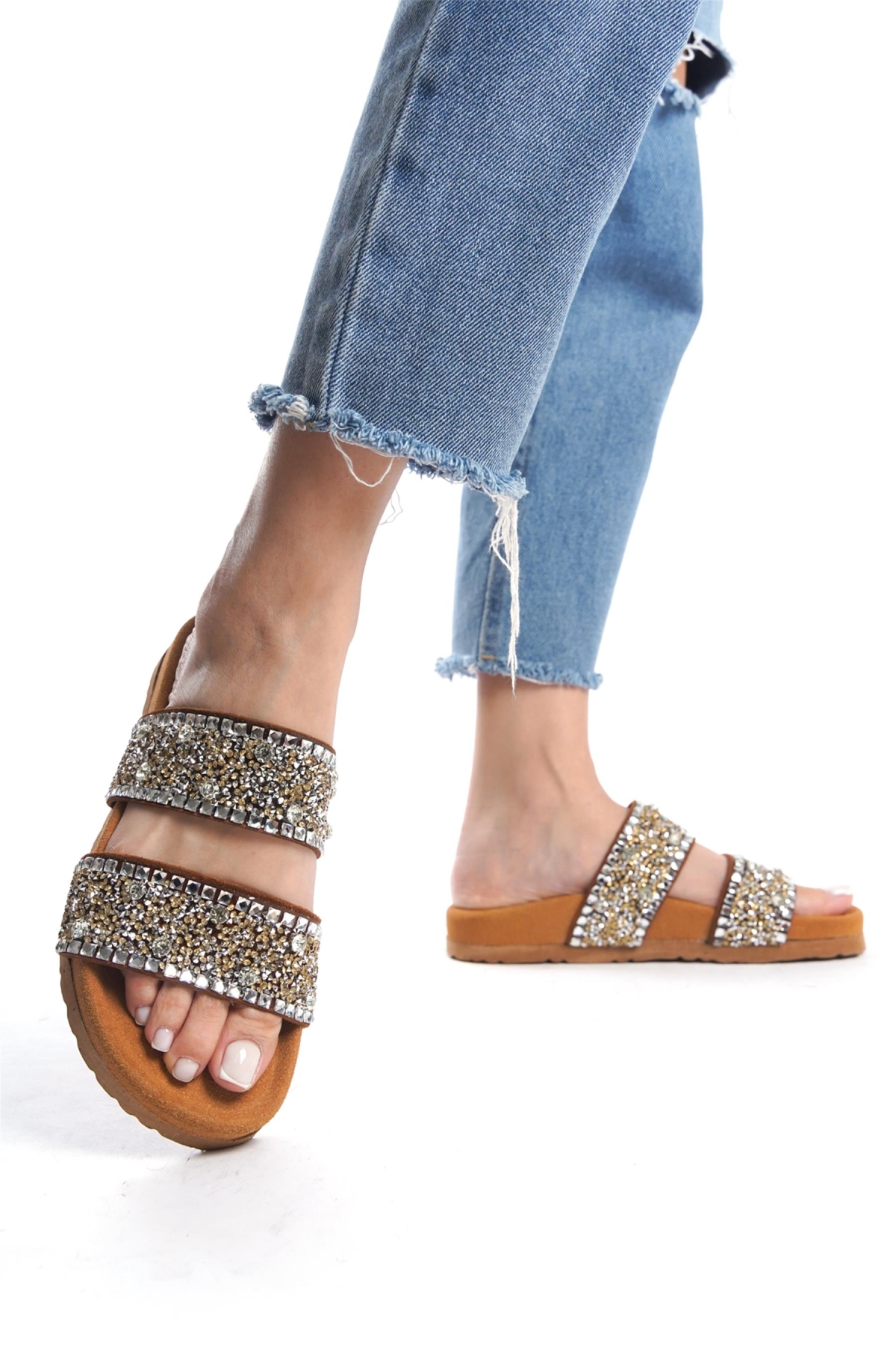 Zeyn 7866S Kadın Hakiki Deri Düz Terlik Taba - Görsel 3