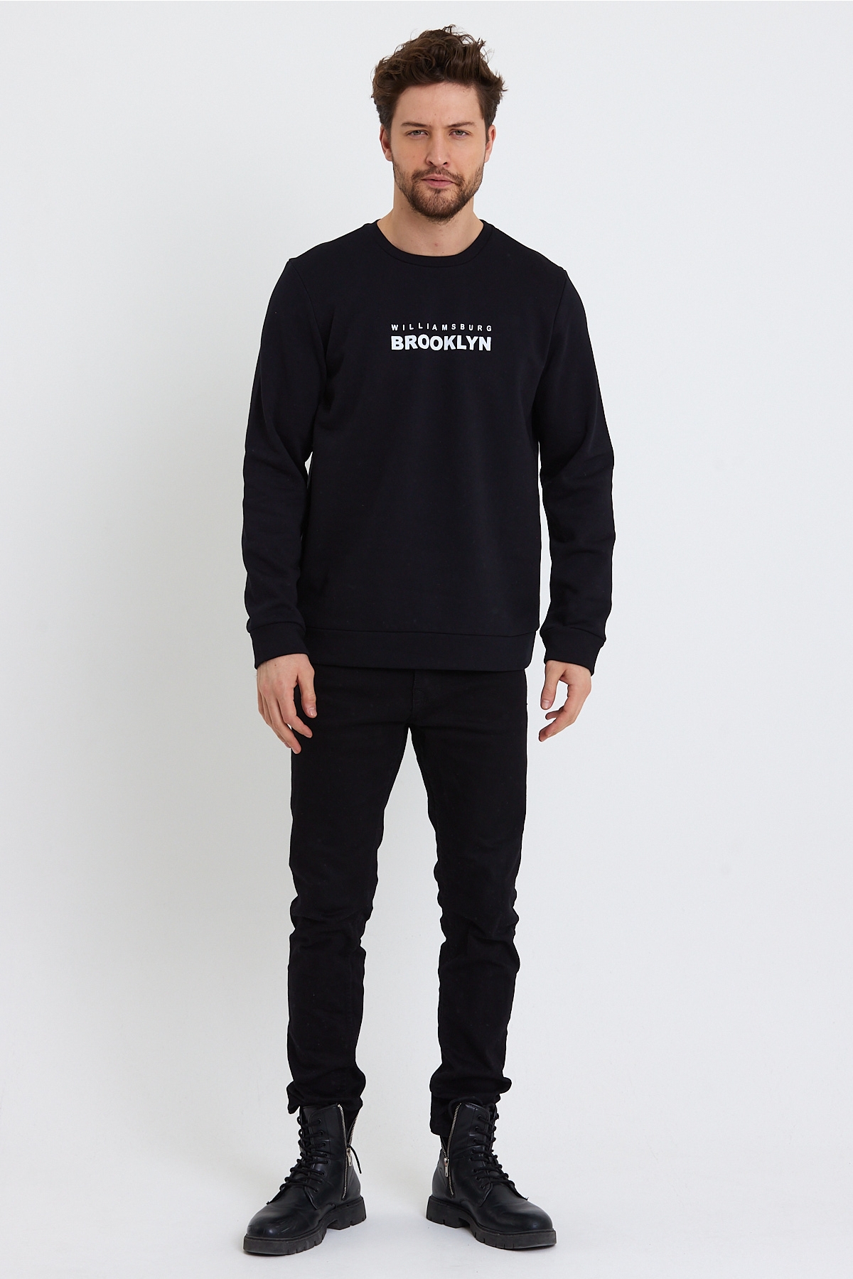 Erkek Bisiklet Yaka Rahat Kalıp 3 iplik Kalın Brooklyn Baskılı Sweatshirt SPR24sw29