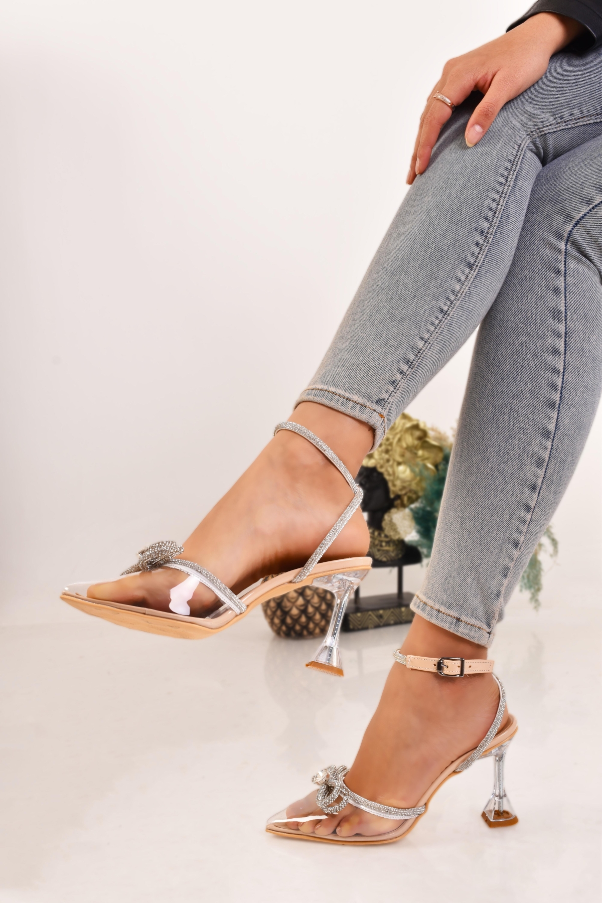 Saten Taşlı Kadın Abiye Topuklu Ayakkabı - Görsel 5