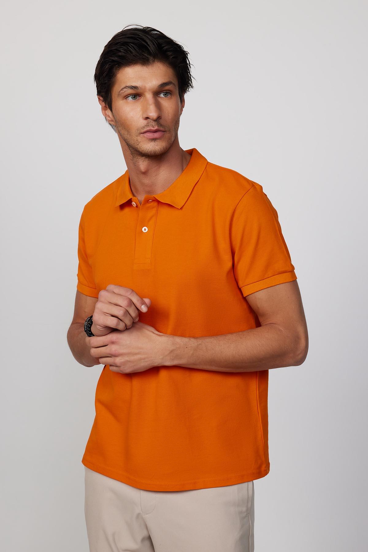 Erkek Slim Fit Dar Kesim %100 Pamuk Düz Pike Turuncu Polo Yaka Tişört