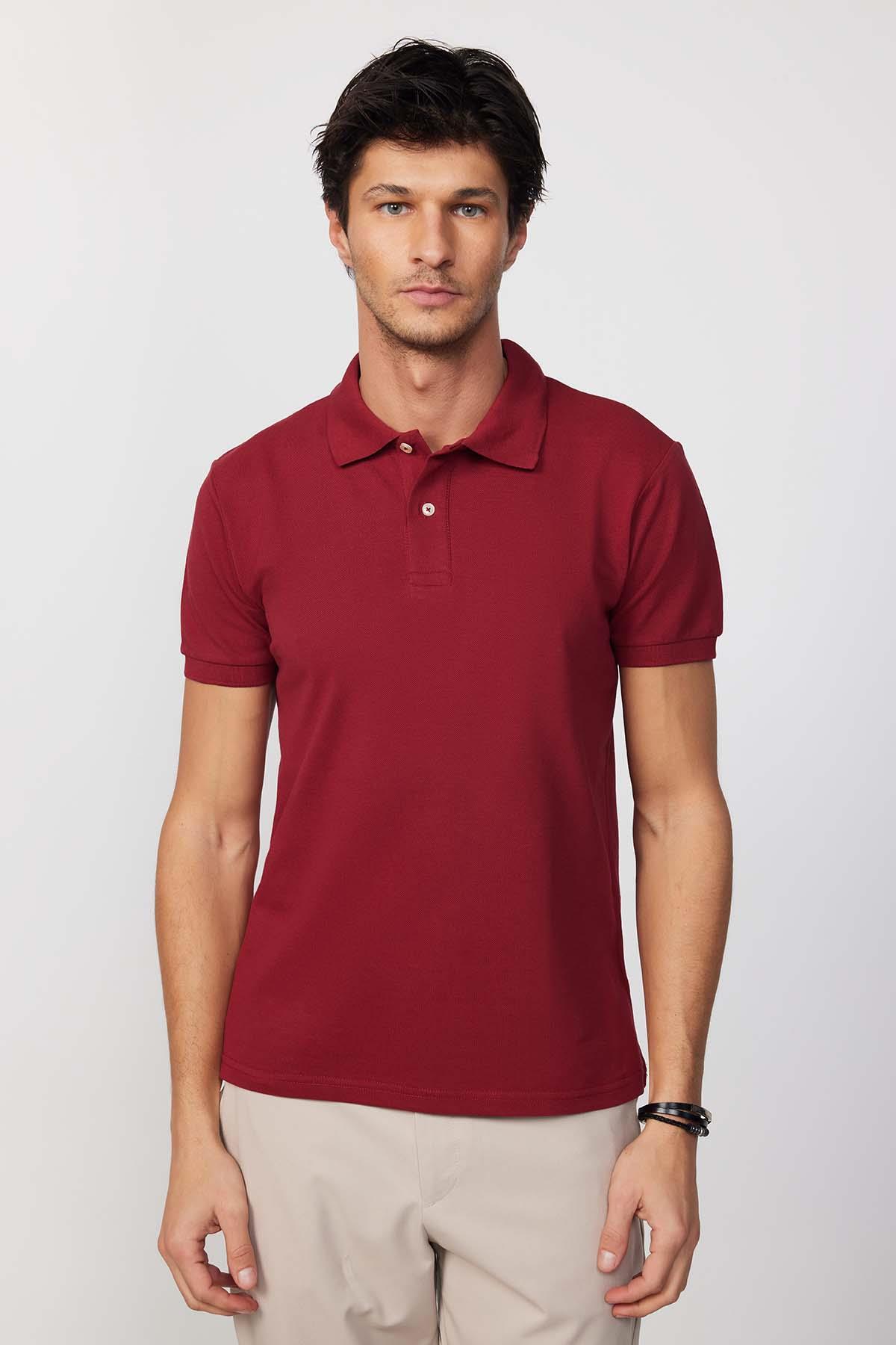 Erkek Slim Fit Dar Kesim %100 Pamuk Düz Pike Bordo Polo Yaka Tişört