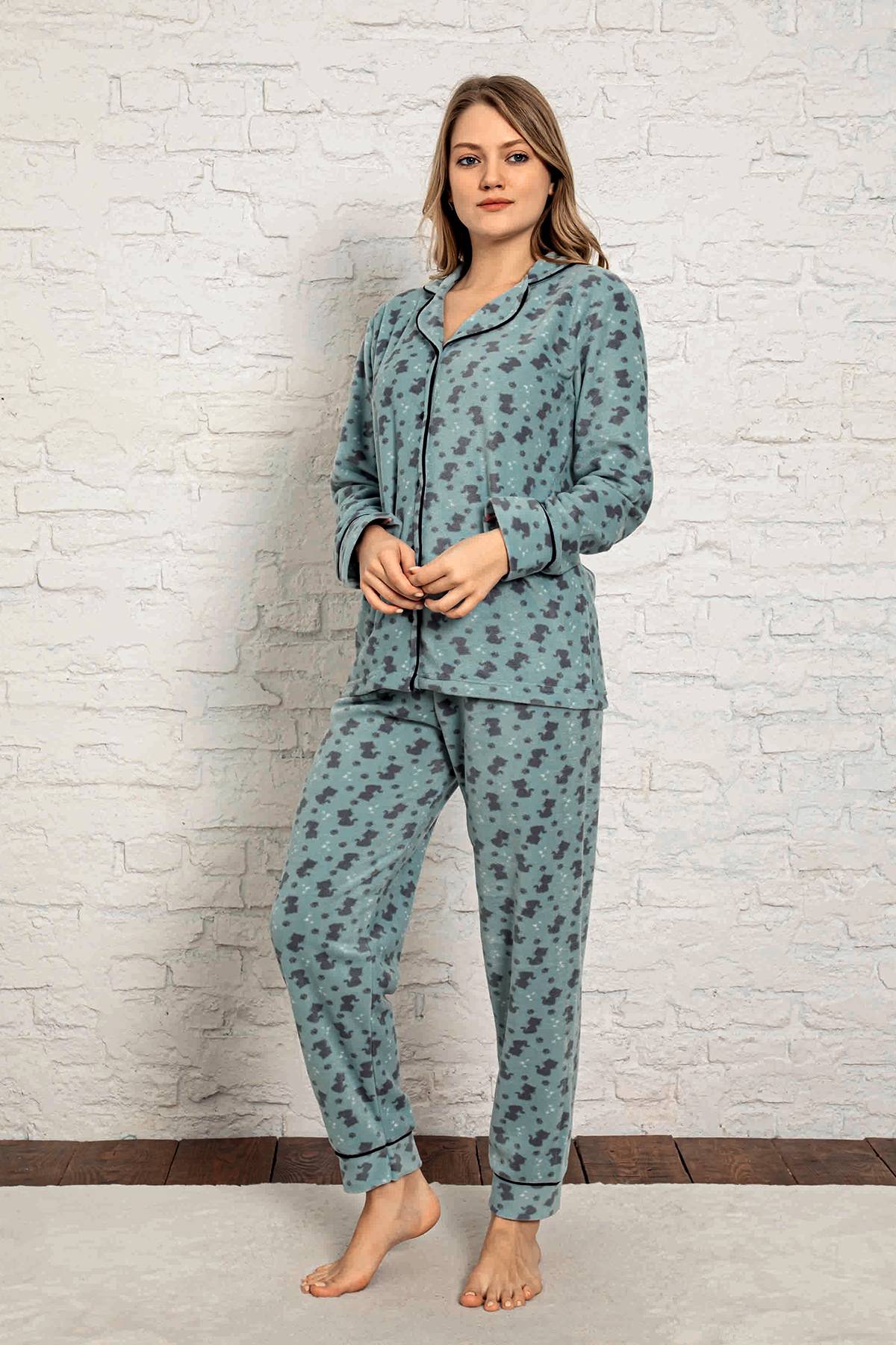 Kadın Kışlık Welsoft Peluş Polar  Düğmeli Pijama Takımı