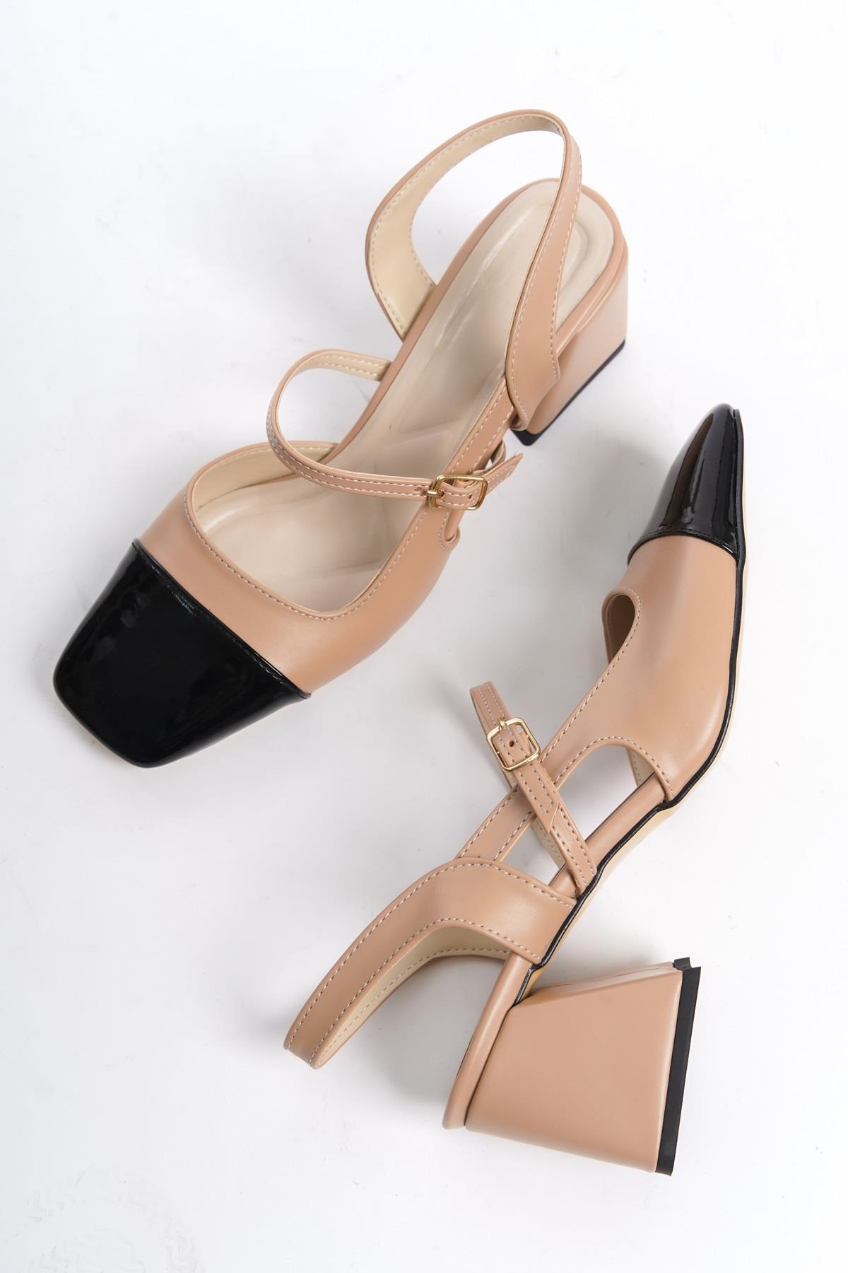 Tenba Çift Renkli Mary Jane Siyah Rugan Ten Mat Kalın Topuklu Küt Burun Bantlı Ayakkabı - Görsel 3