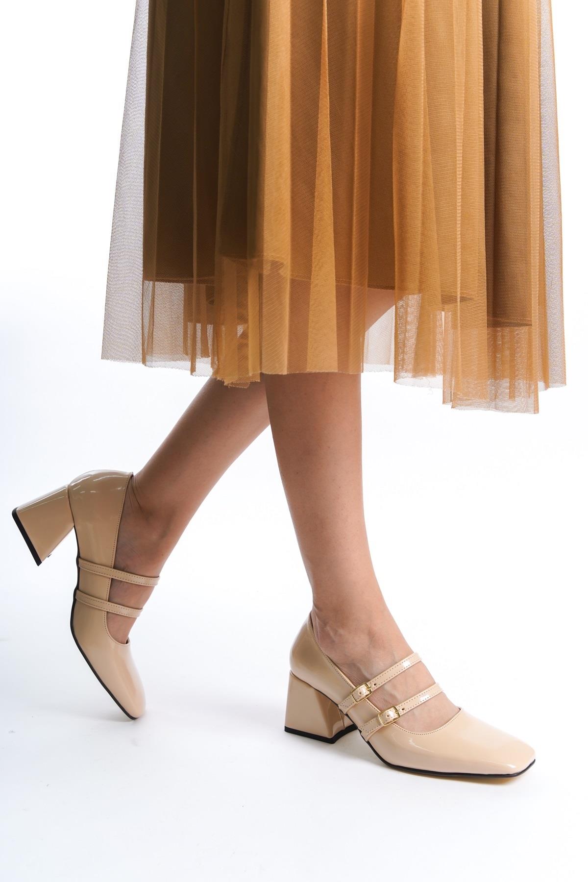 Culia Ten Rugan Mary Jane Çift Bant Küt Burun Topuklu Ayakkabı - Görsel 4