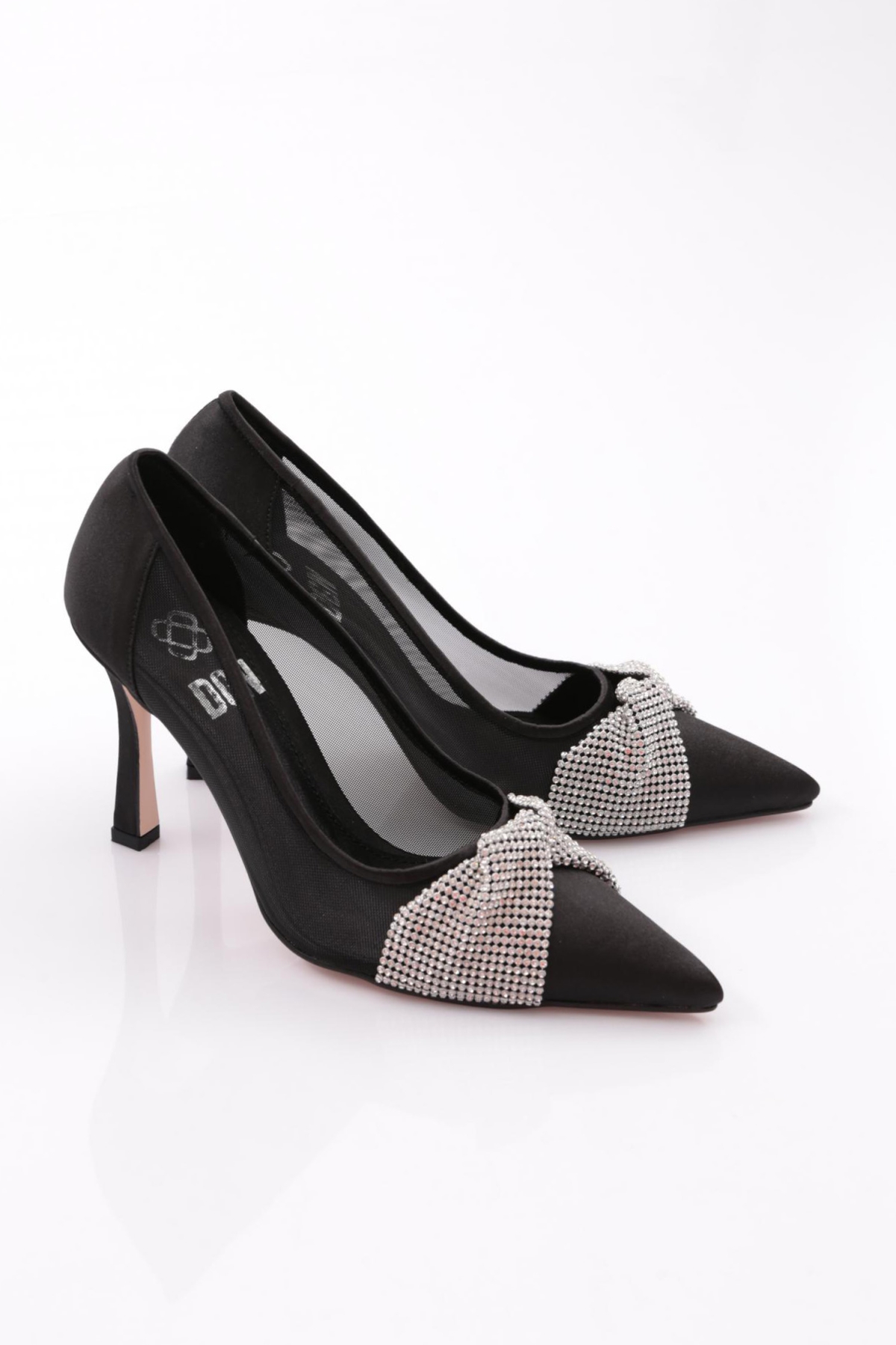 7701 Kadin Sivri Burun Parmak Dekolteli Ayna Aksesuar Detayli Yan Fileli Topuklu Ayakkabi - Görsel 3