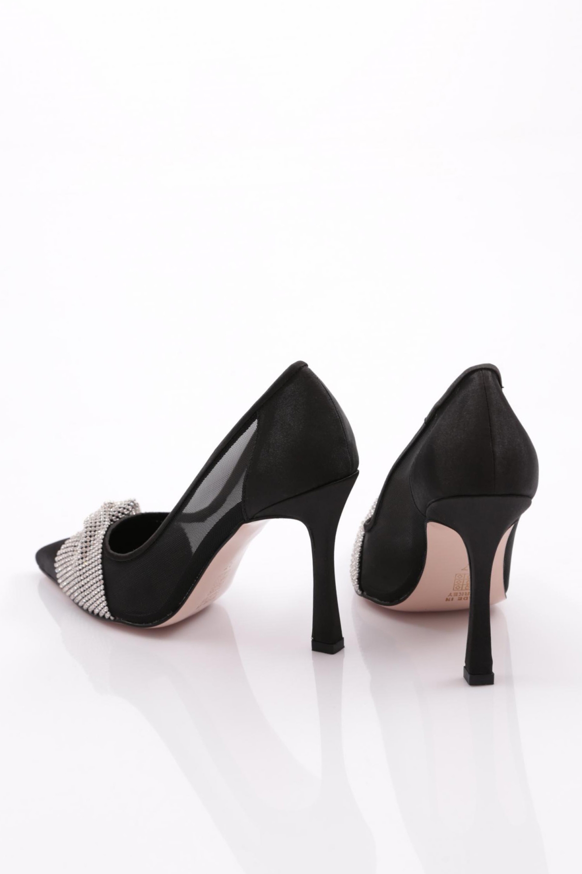 7701 Kadin Sivri Burun Parmak Dekolteli Ayna Aksesuar Detayli Yan Fileli Topuklu Ayakkabi - Görsel 4