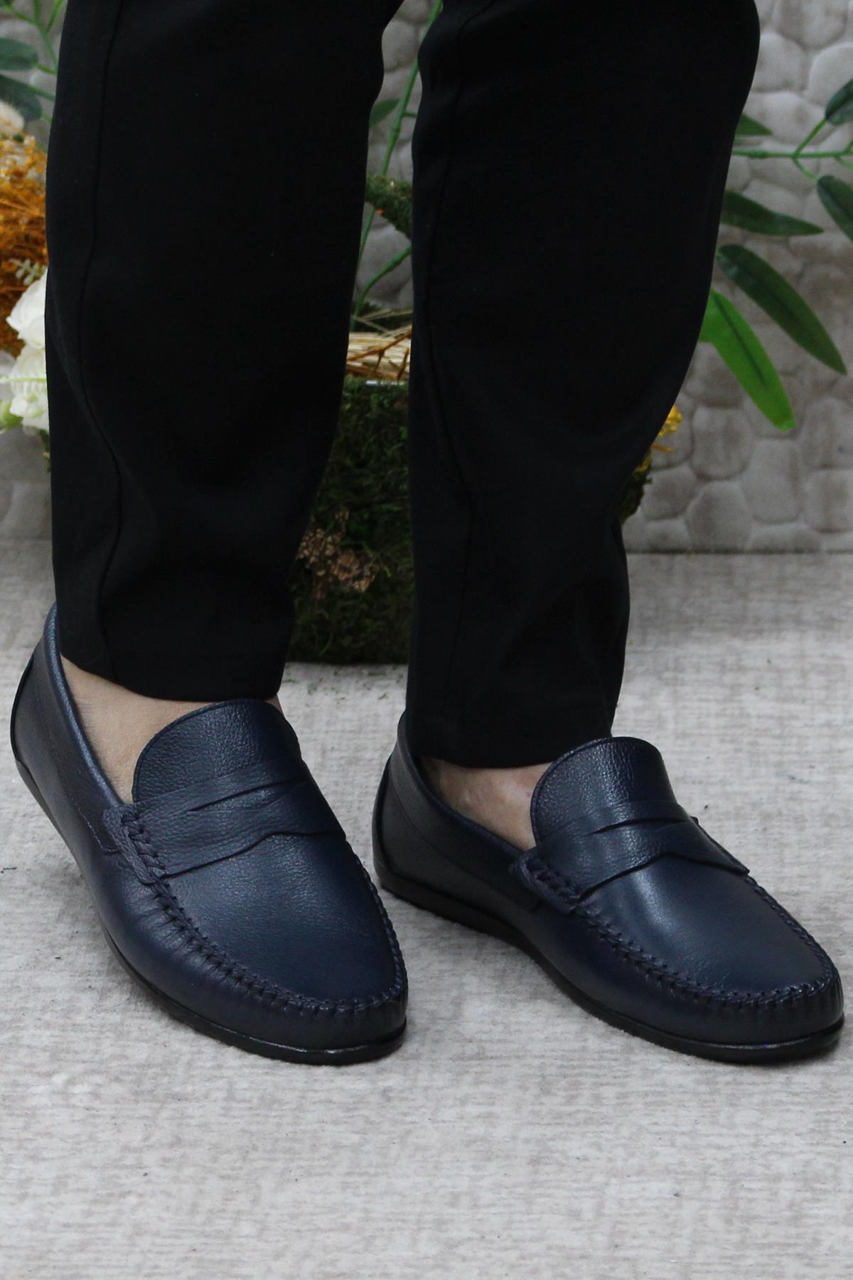 31020 Lacivert Deri Hakiki Deri Loafer Erkek Babet Erkek Ayakkabı - Görsel 3