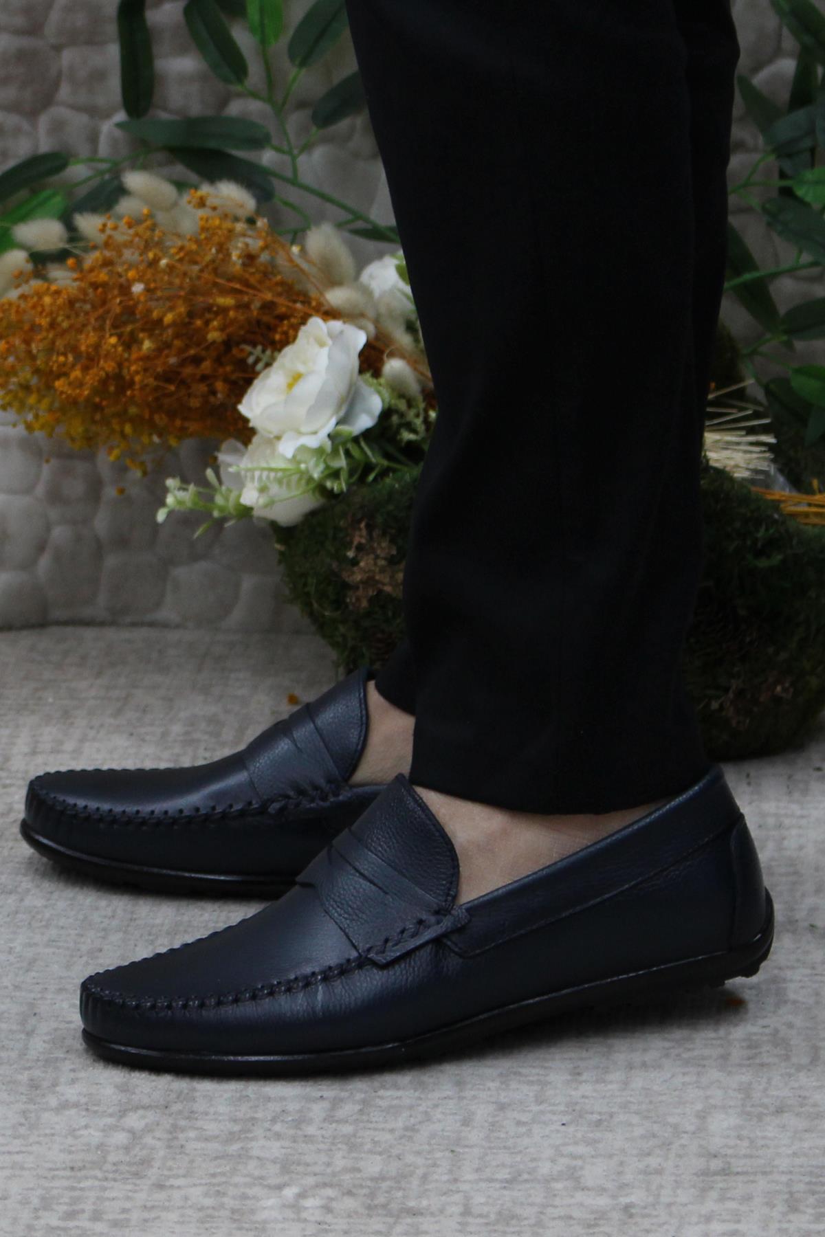 31020 Lacivert Deri Hakiki Deri Loafer Erkek Babet Erkek Ayakkabı - Görsel 4