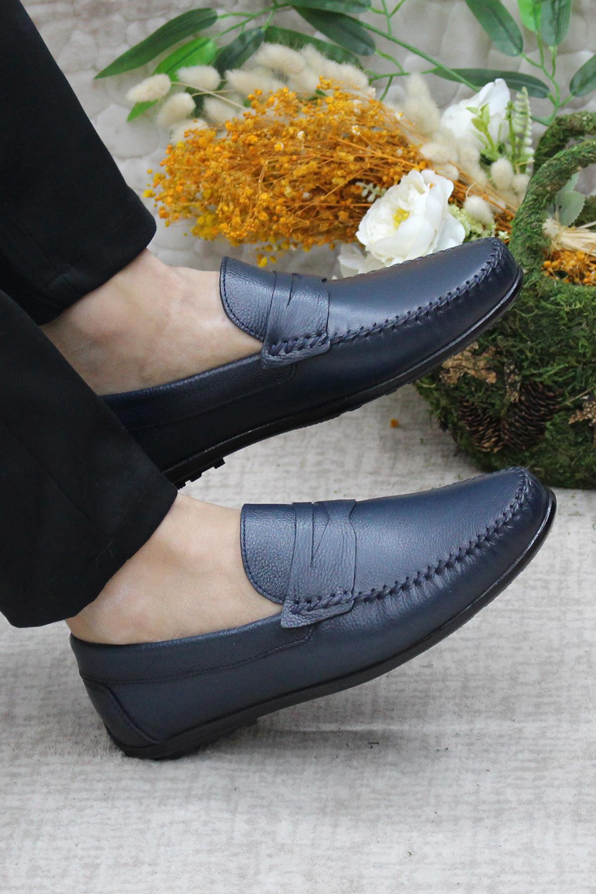 31020 Lacivert Deri Hakiki Deri Loafer Erkek Babet Erkek Ayakkabı - Görsel 6