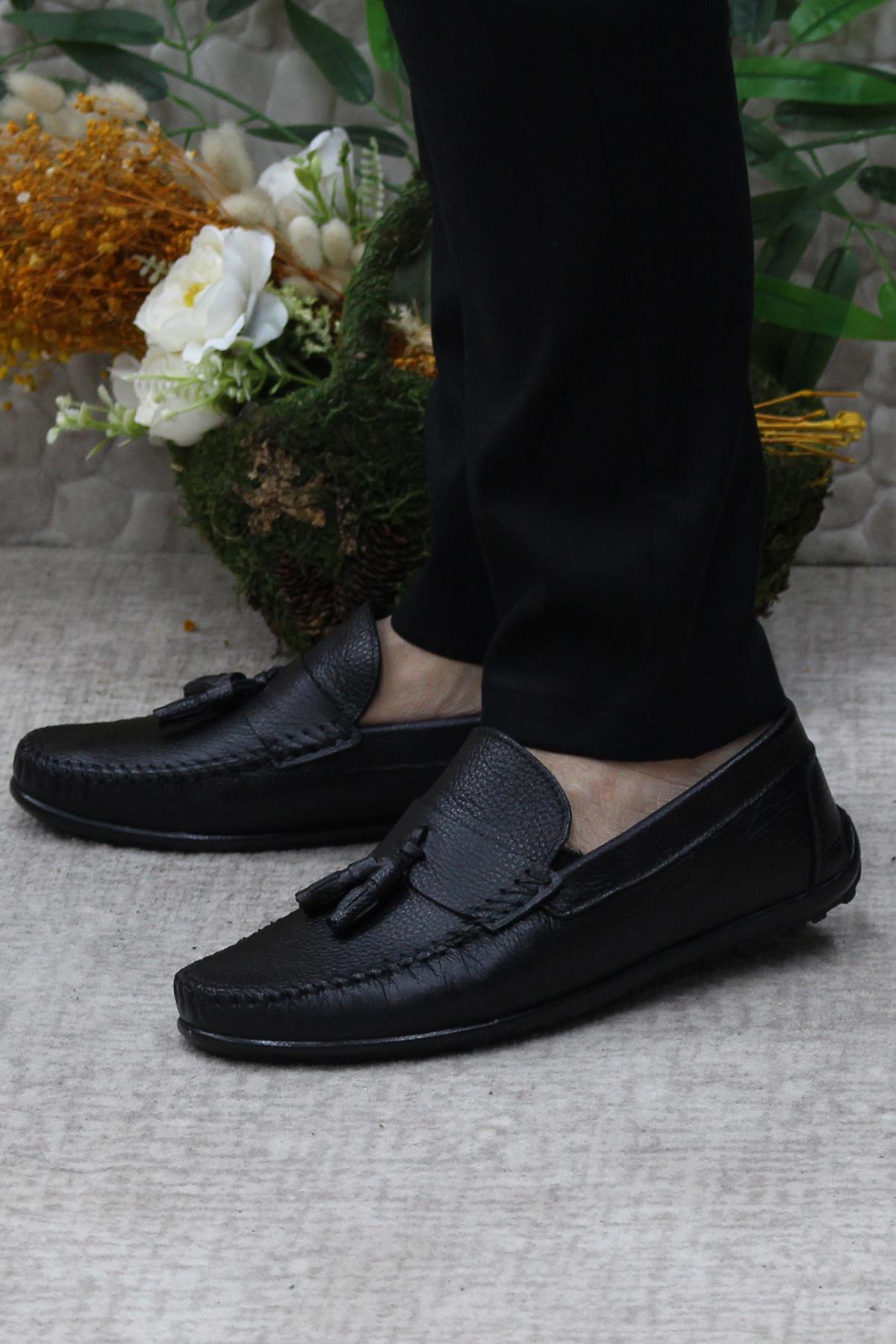 31019 Siyah Deri Hakiki Deri Loafer Erkek Babet Erkek Ayakkabı - Görsel 4