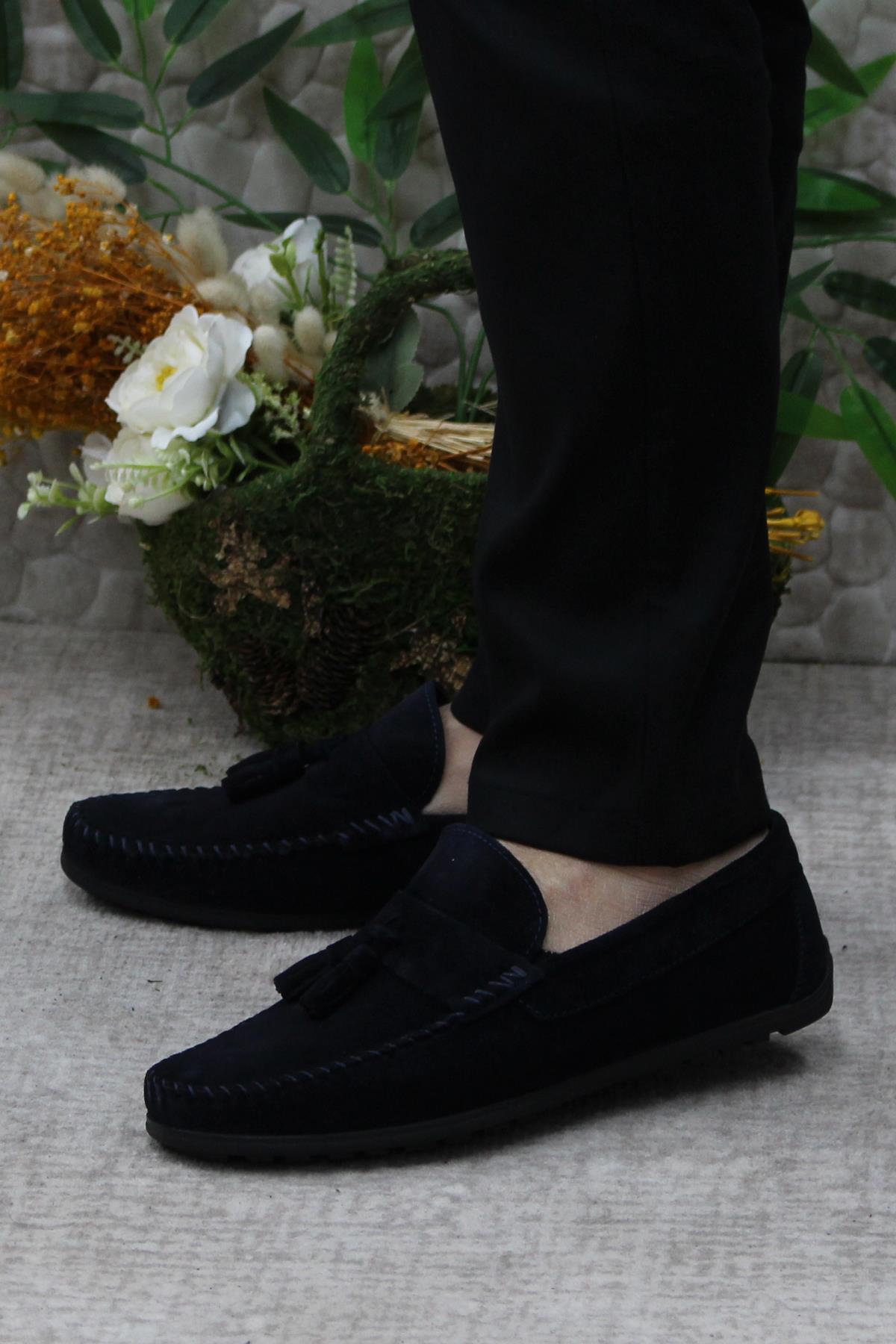 31019 Lacivert Süet Hakiki Deri Loafer Erkek Babet Erkek Ayakkabı - Görsel 4