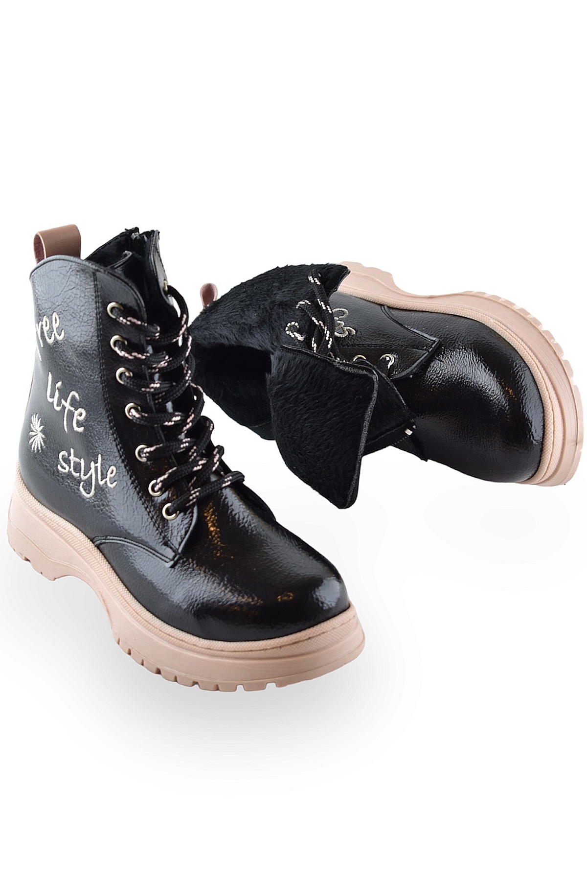 258 Ortopedik Bağcıklı Fermuarlı Kız Siyah Çocuk Bot Ayakkabı Kürklü Kız Çocuk Bot - Görsel 4