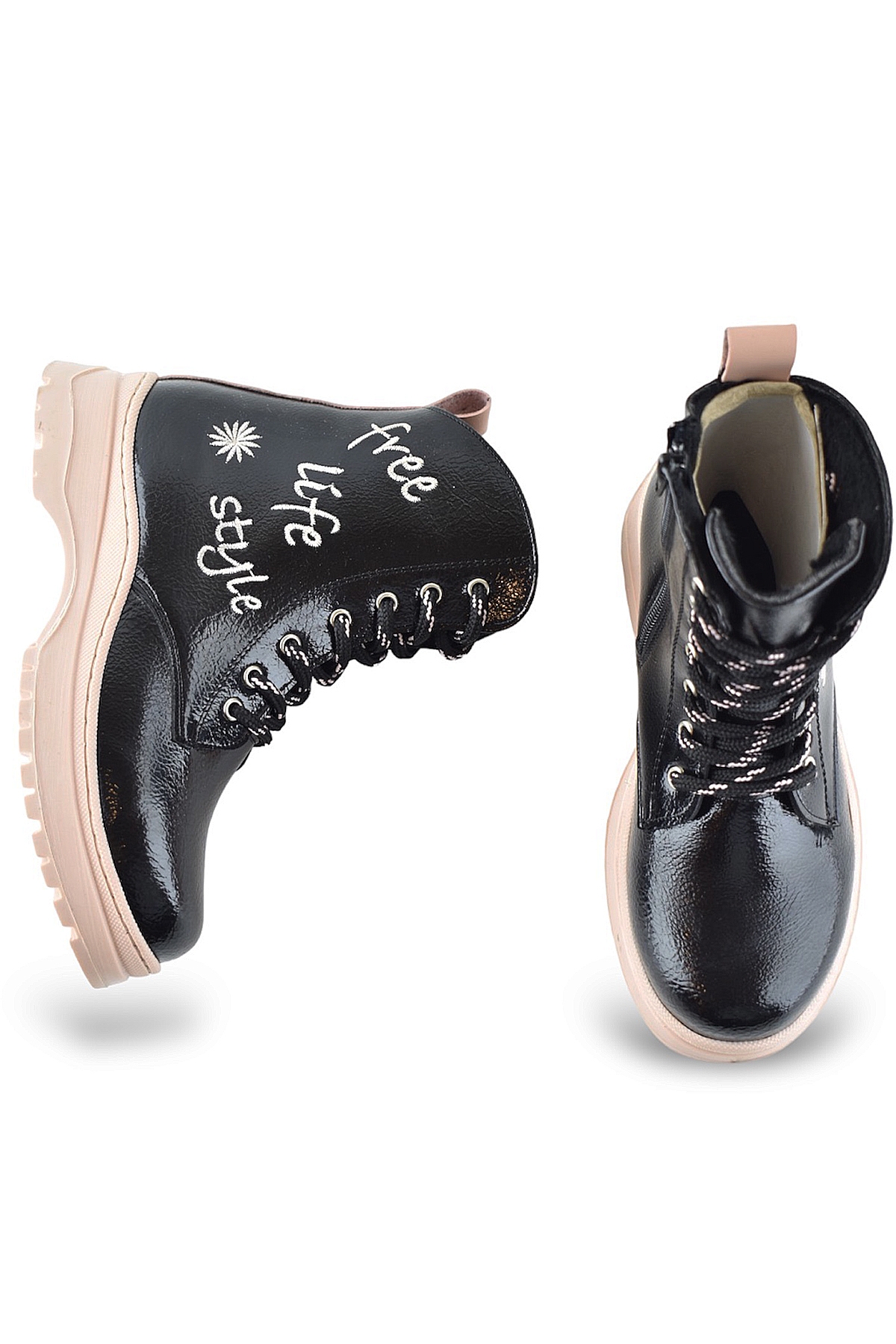 258 Ortopedik Bağcıklı Fermuarlı Kız Siyah Çocuk Bot Ayakkabı Kürklü Kız Çocuk Bot - Görsel 5