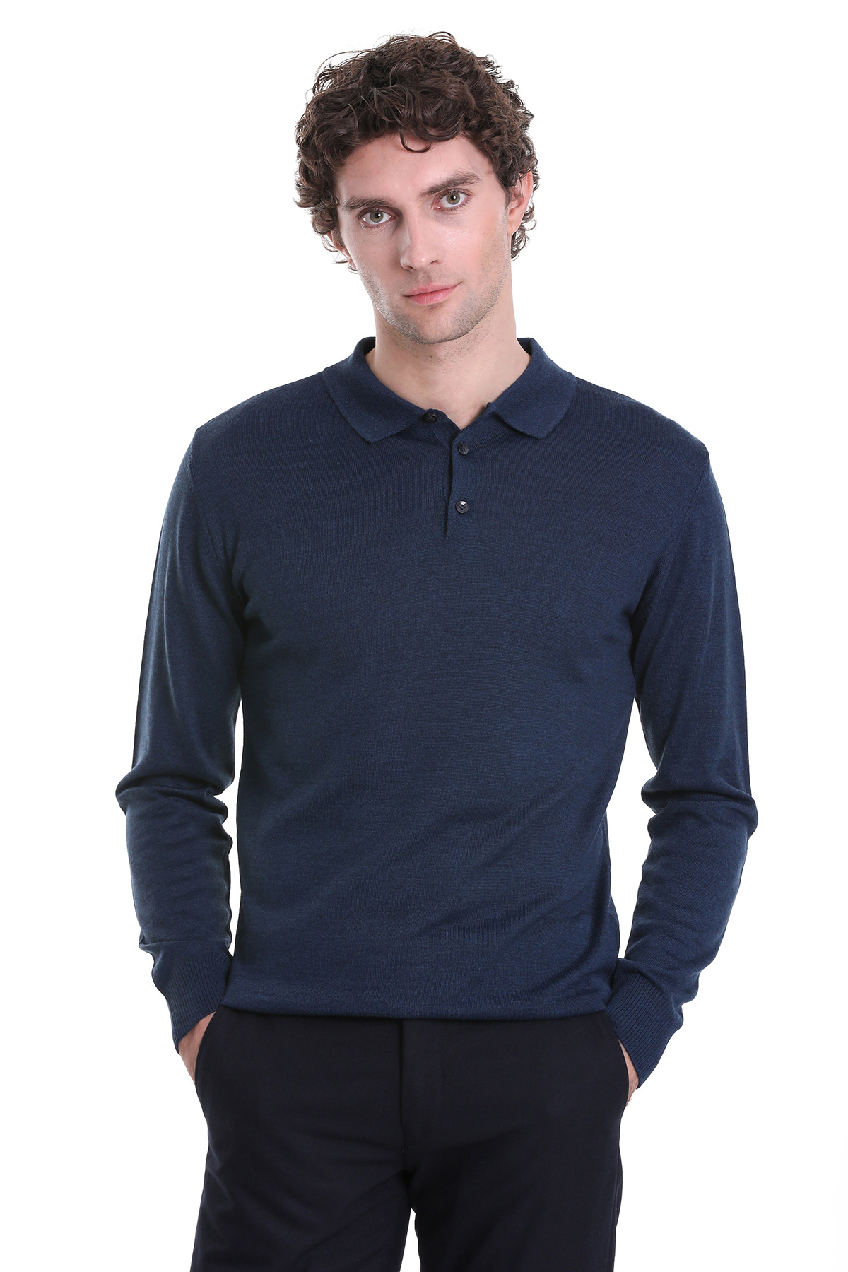 indigo Regular Fit Düz Polo Yaka Triko Kazak