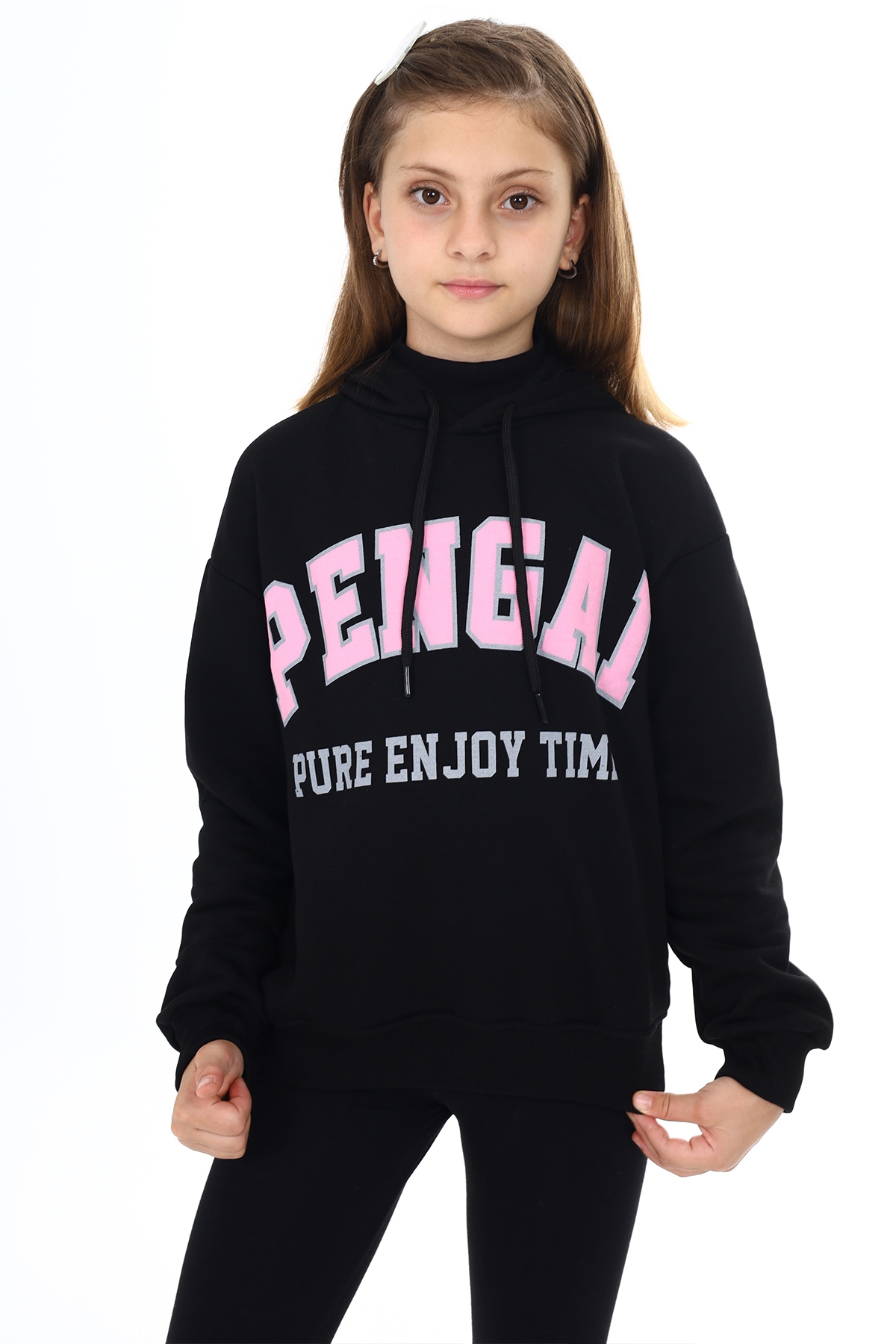 Siyah Pengai Yazı Baskı Polarlı Kız Çocuk Sweatshirt 18328