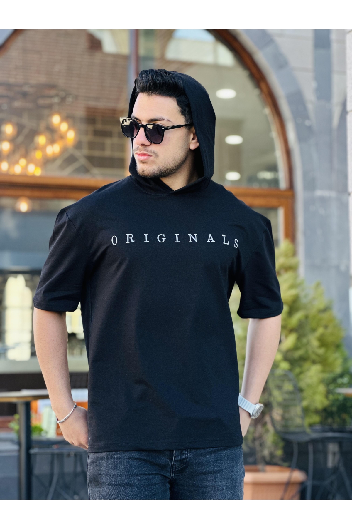 Siyah Originals Nakışlı Kapşonlu İki İplik Kısa Kollu Tişört