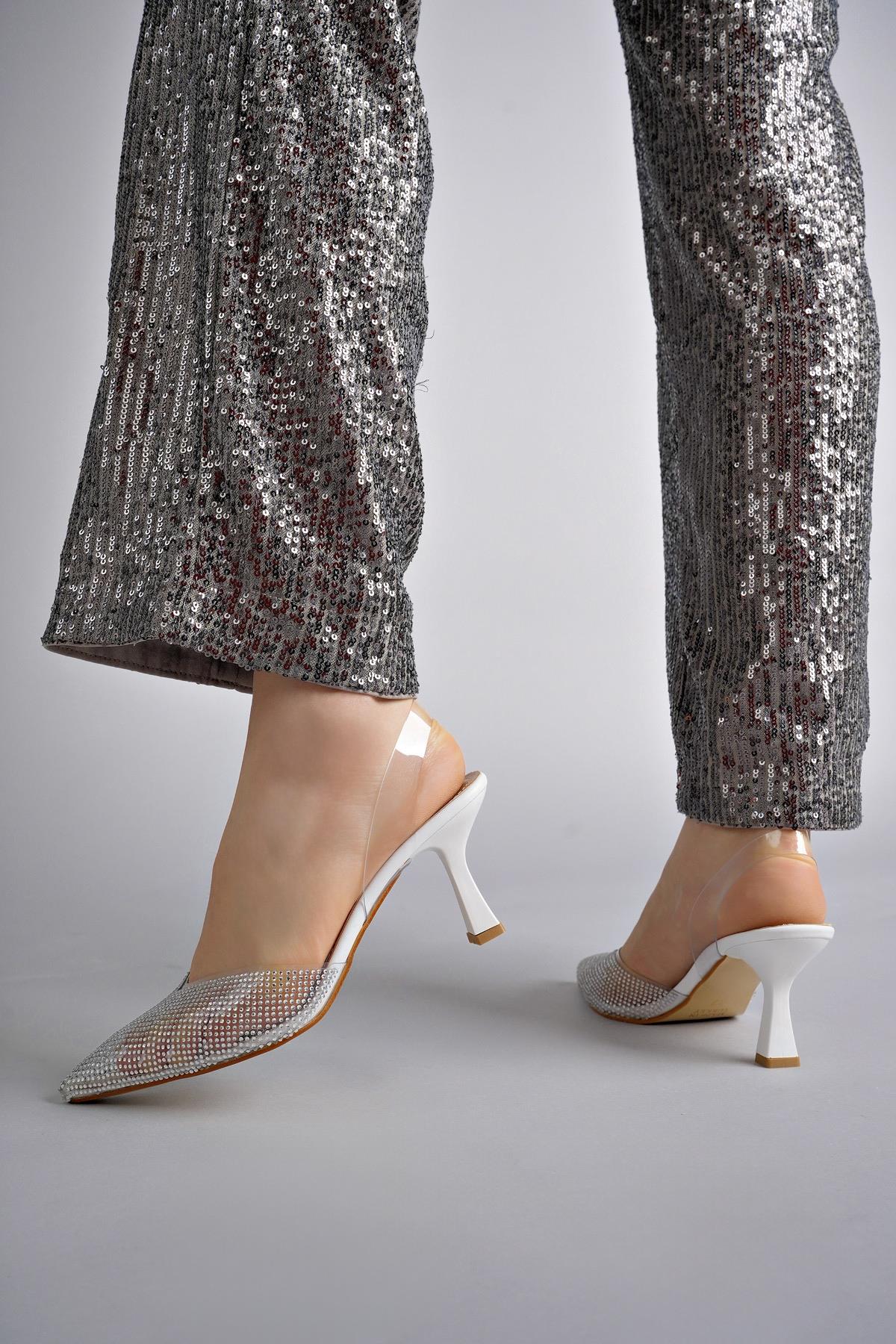 JULİET Garantili Kadın Sivri Burun Parlak Taşlı Arkası Açık Şeffaf Bantlı Topuklu Ayakkabı - Görsel 3