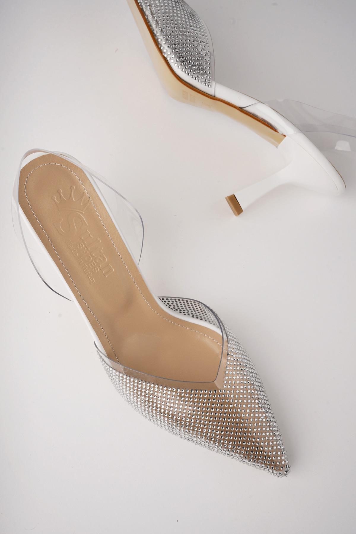 JULİET Garantili Kadın Sivri Burun Parlak Taşlı Arkası Açık Şeffaf Bantlı Topuklu Ayakkabı - Görsel 5