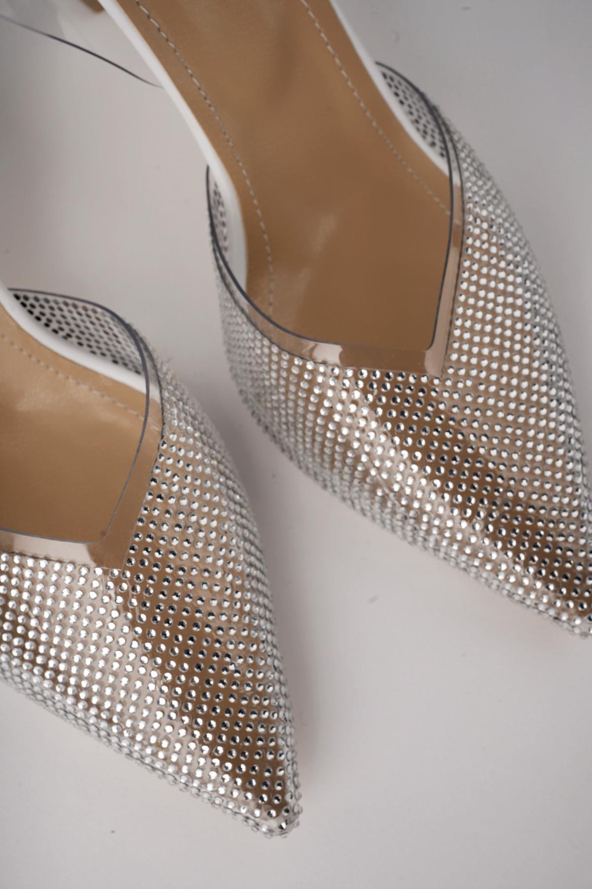 JULİET Garantili Kadın Sivri Burun Parlak Taşlı Arkası Açık Şeffaf Bantlı Topuklu Ayakkabı - Görsel 6