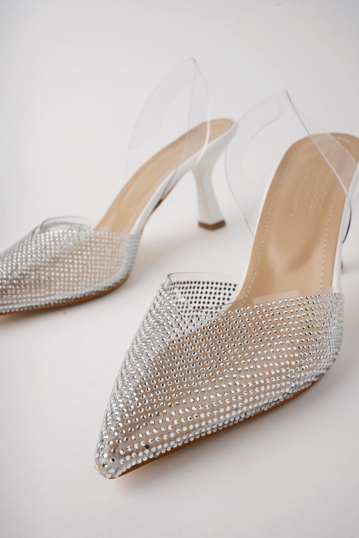 JULİET Garantili Kadın Sivri Burun Parlak Taşlı Arkası Açık Şeffaf Bantlı Topuklu Ayakkabı - Görsel 7