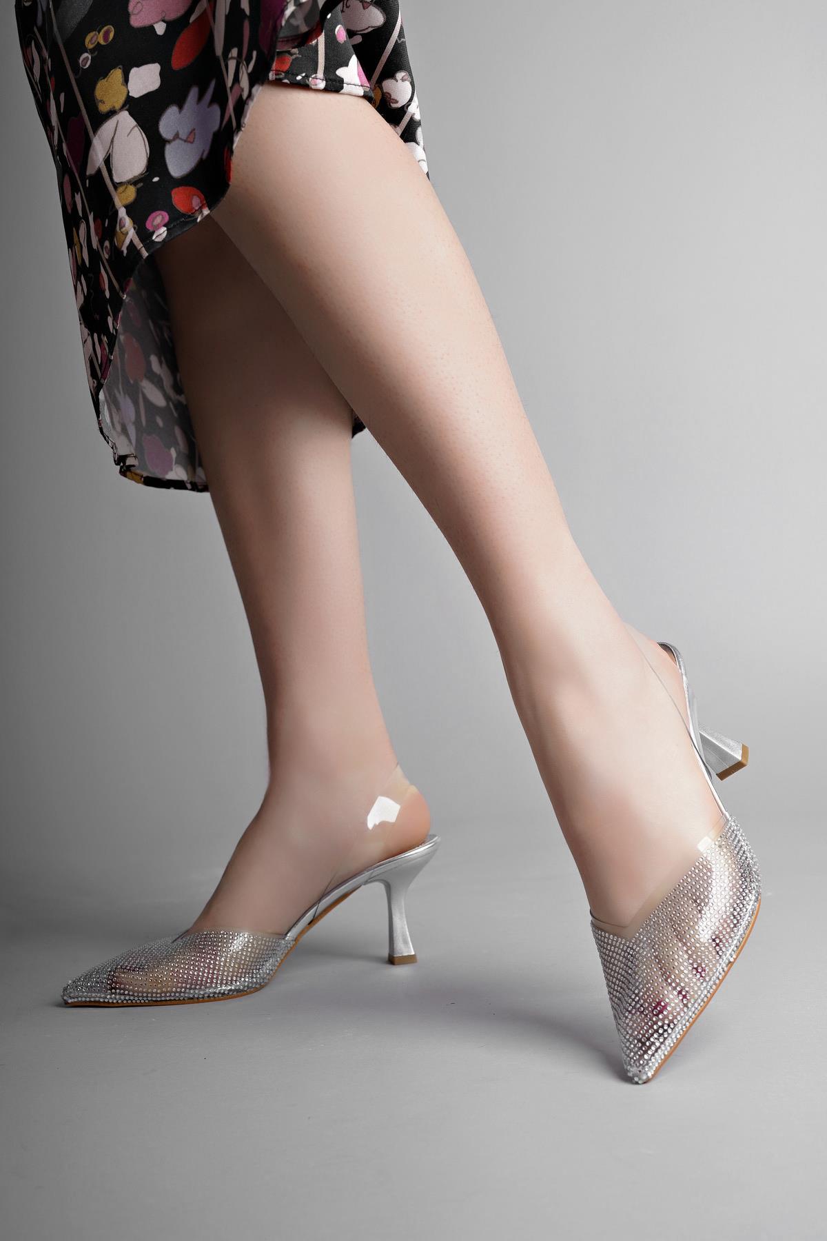 JULİET Garantili Kadın Sivri Burun Parlak Taşlı Arkası Açık Şeffaf Bantlı Topuklu Ayakkabı - Görsel 3