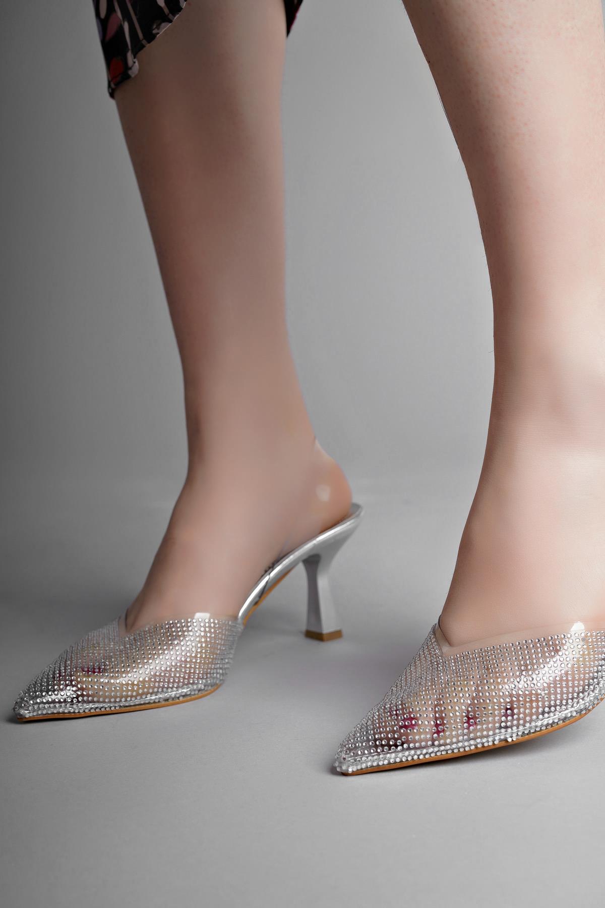 JULİET Garantili Kadın Sivri Burun Parlak Taşlı Arkası Açık Şeffaf Bantlı Topuklu Ayakkabı - Görsel 4