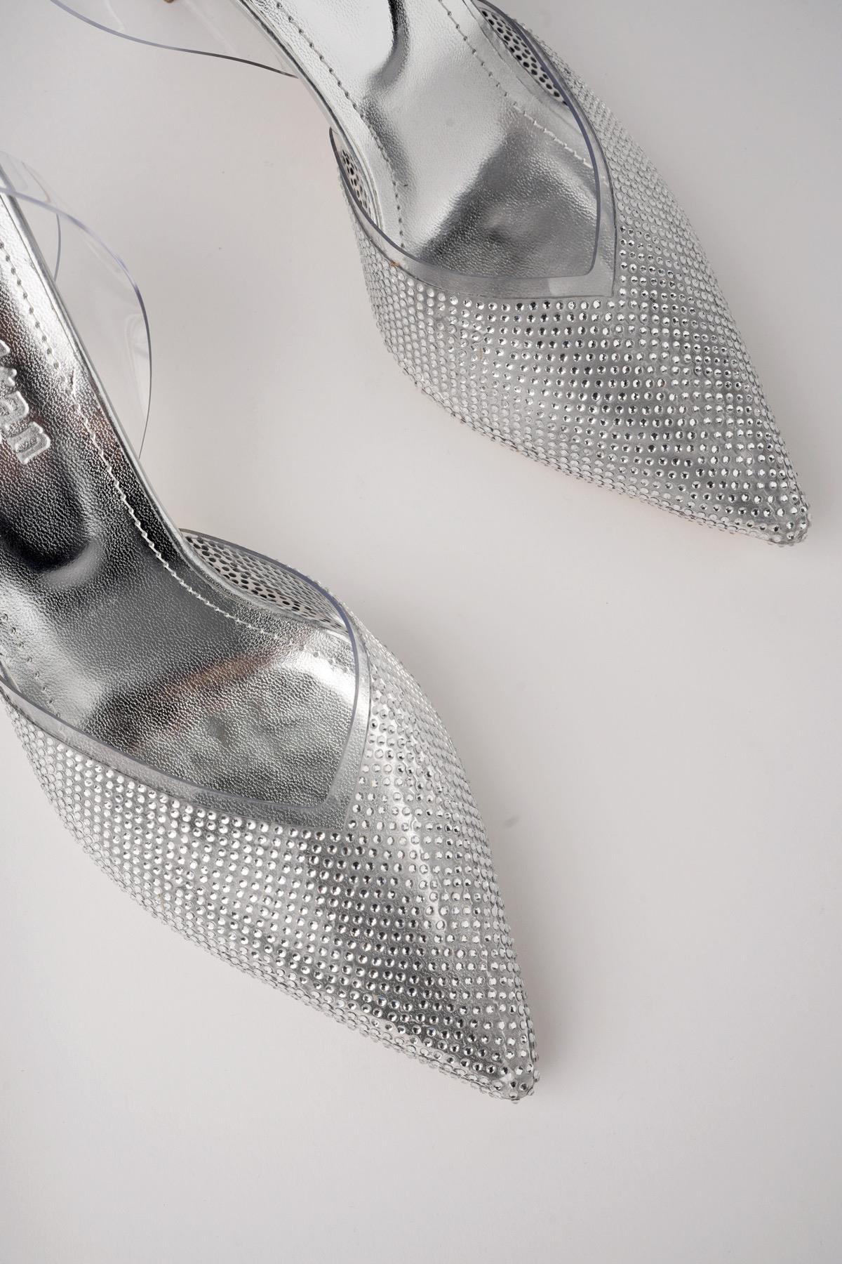 JULİET Garantili Kadın Sivri Burun Parlak Taşlı Arkası Açık Şeffaf Bantlı Topuklu Ayakkabı - Görsel 6