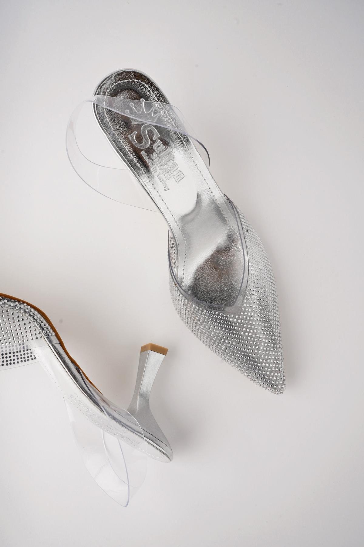 JULİET Garantili Kadın Sivri Burun Parlak Taşlı Arkası Açık Şeffaf Bantlı Topuklu Ayakkabı - Görsel 7