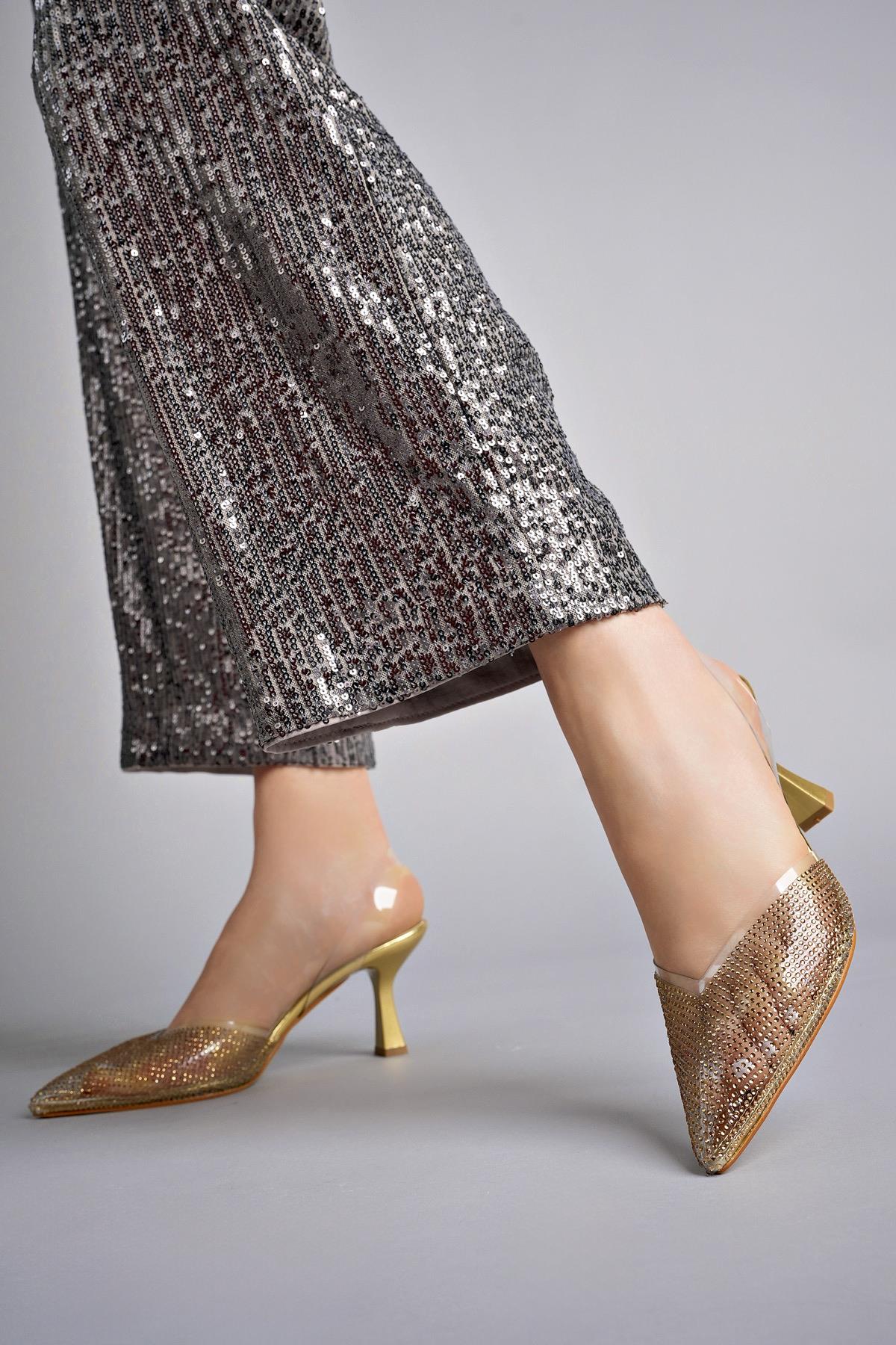 JULİET Garantili Kadın Sivri Burun Parlak Taşlı Arkası Açık Şeffaf Bantlı Topuklu Ayakkabı - Görsel 3