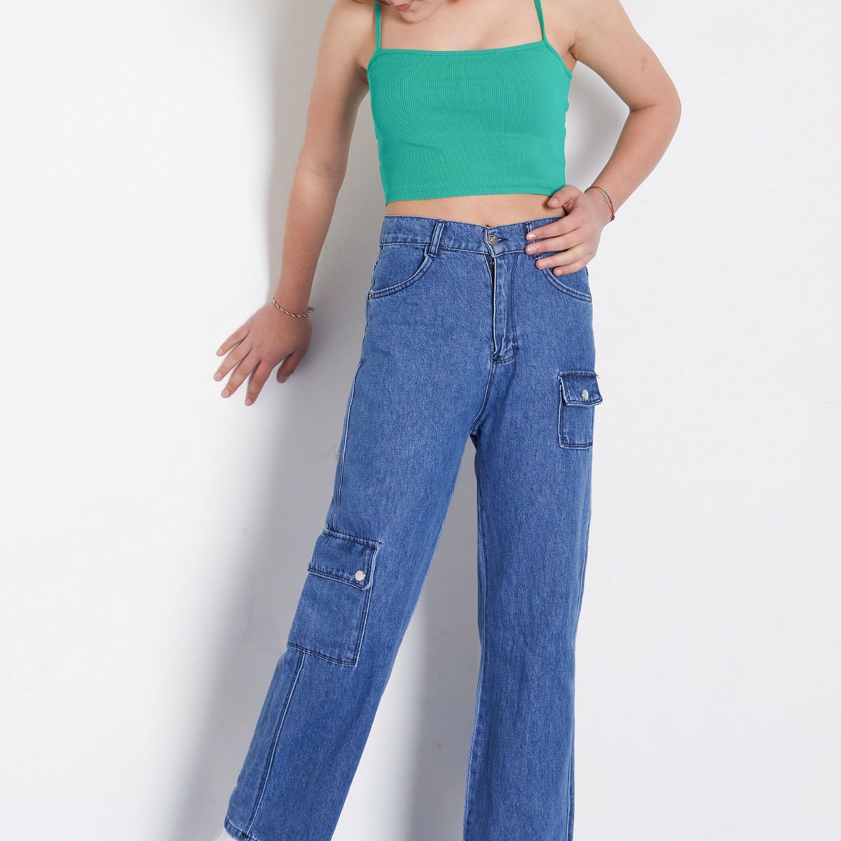 Mavi Yüksek Bel Kapaklı Cepli Kız Çocuk Geniş Paça Jean Pantolon