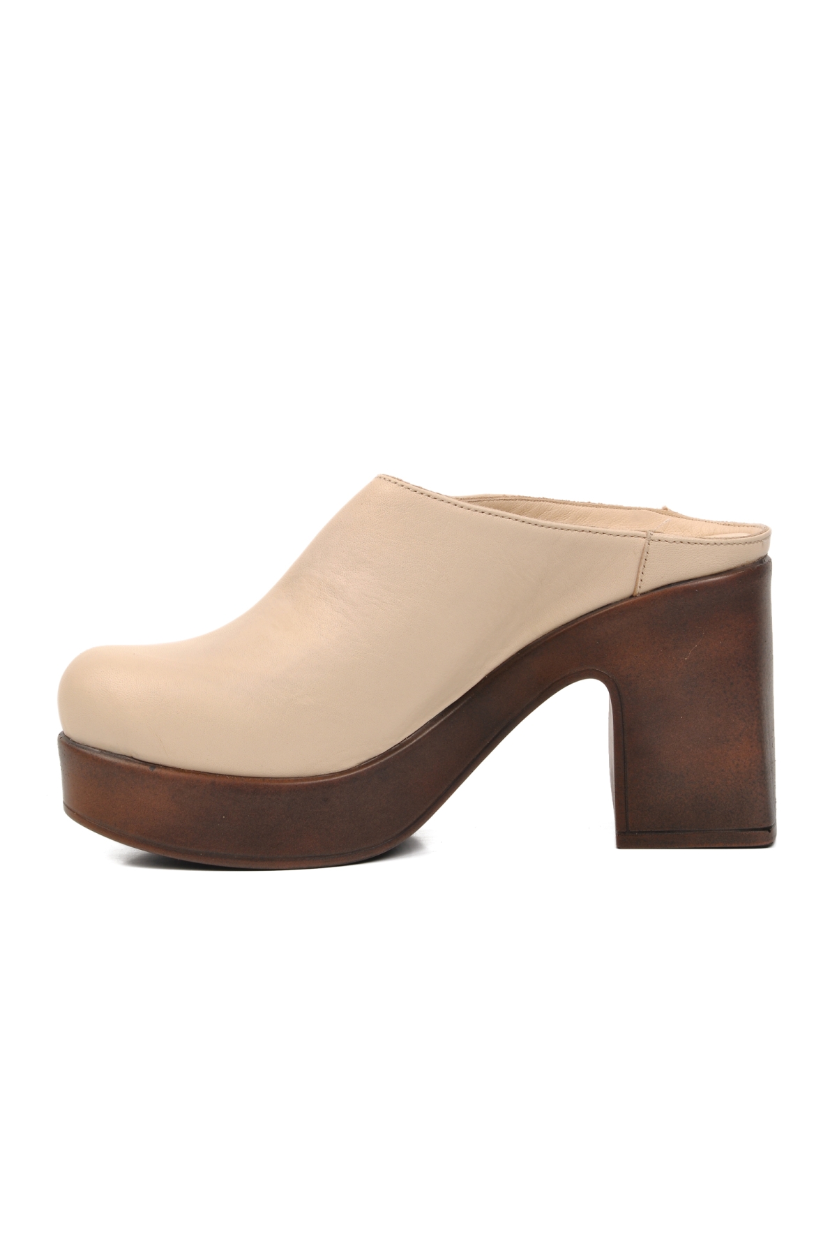 2217013Y Bej Hakiki Deri Kadın Topuklu Sabo Terlik - Görsel 3