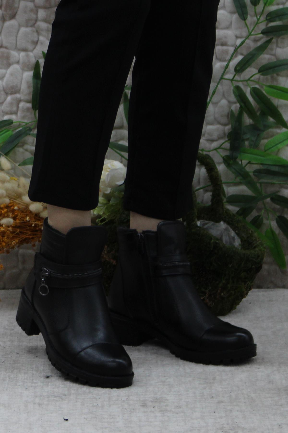 42836 Siyah Orijinal Hakiki Deri İçi Kürklü Kaymaz Taban Kadın Bot - Görsel 3