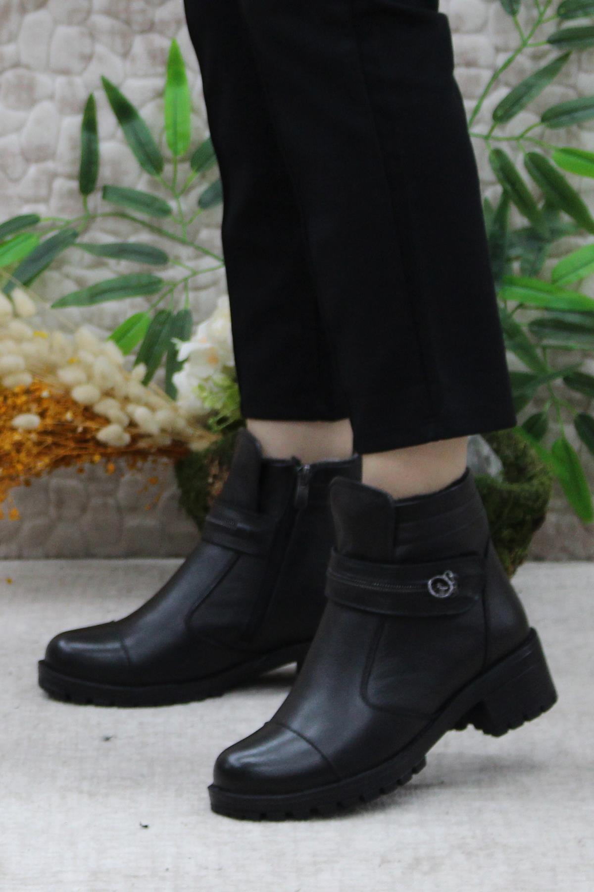 42836 Siyah Orijinal Hakiki Deri İçi Kürklü Kaymaz Taban Kadın Bot - Görsel 4