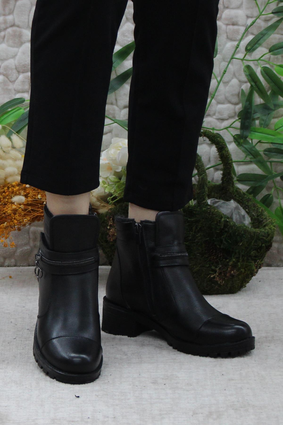 42836 Siyah Orijinal Hakiki Deri İçi Kürklü Kaymaz Taban Kadın Bot - Görsel 5