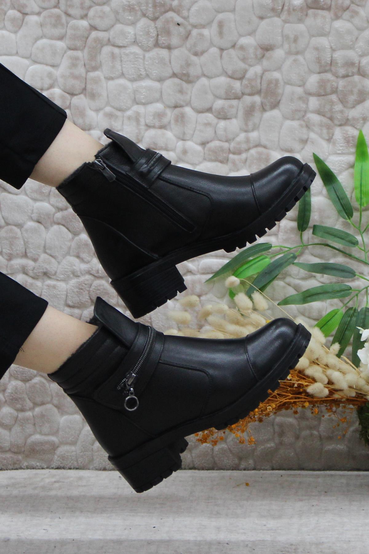 42836 Siyah Orijinal Hakiki Deri İçi Kürklü Kaymaz Taban Kadın Bot - Görsel 6