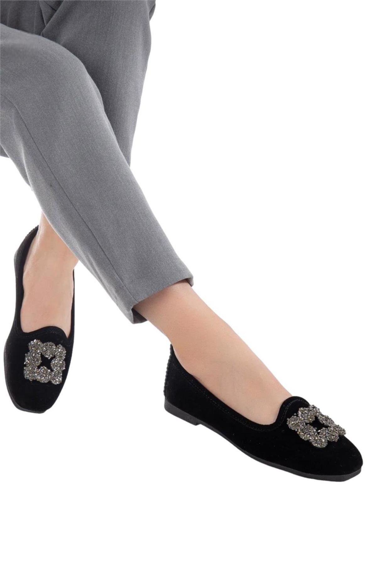 Kadın Taşlı Tokalı Süet Babet SİYAH - FÜME - Görsel 2