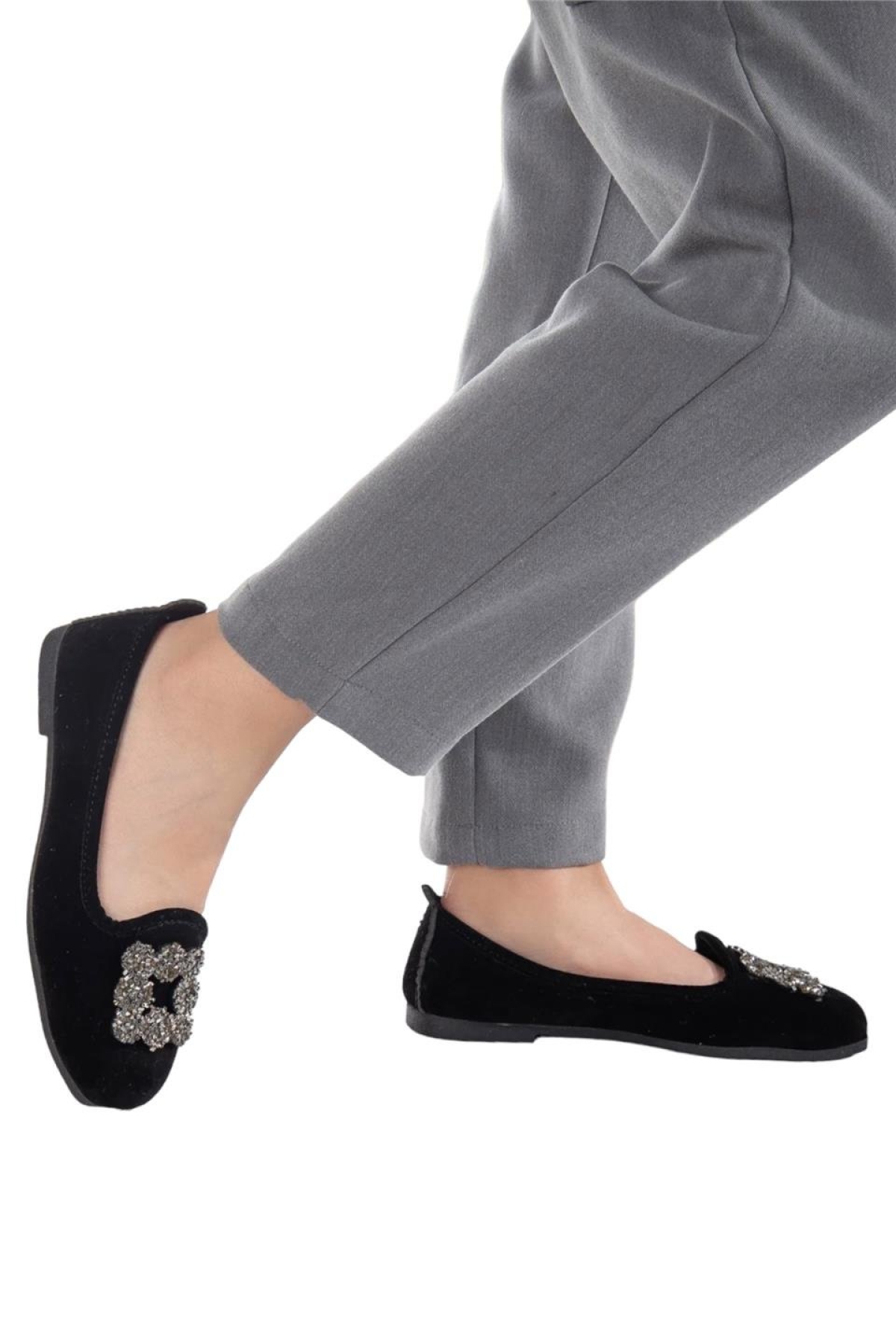 Kadın Taşlı Tokalı Süet Babet SİYAH - FÜME - Görsel 4