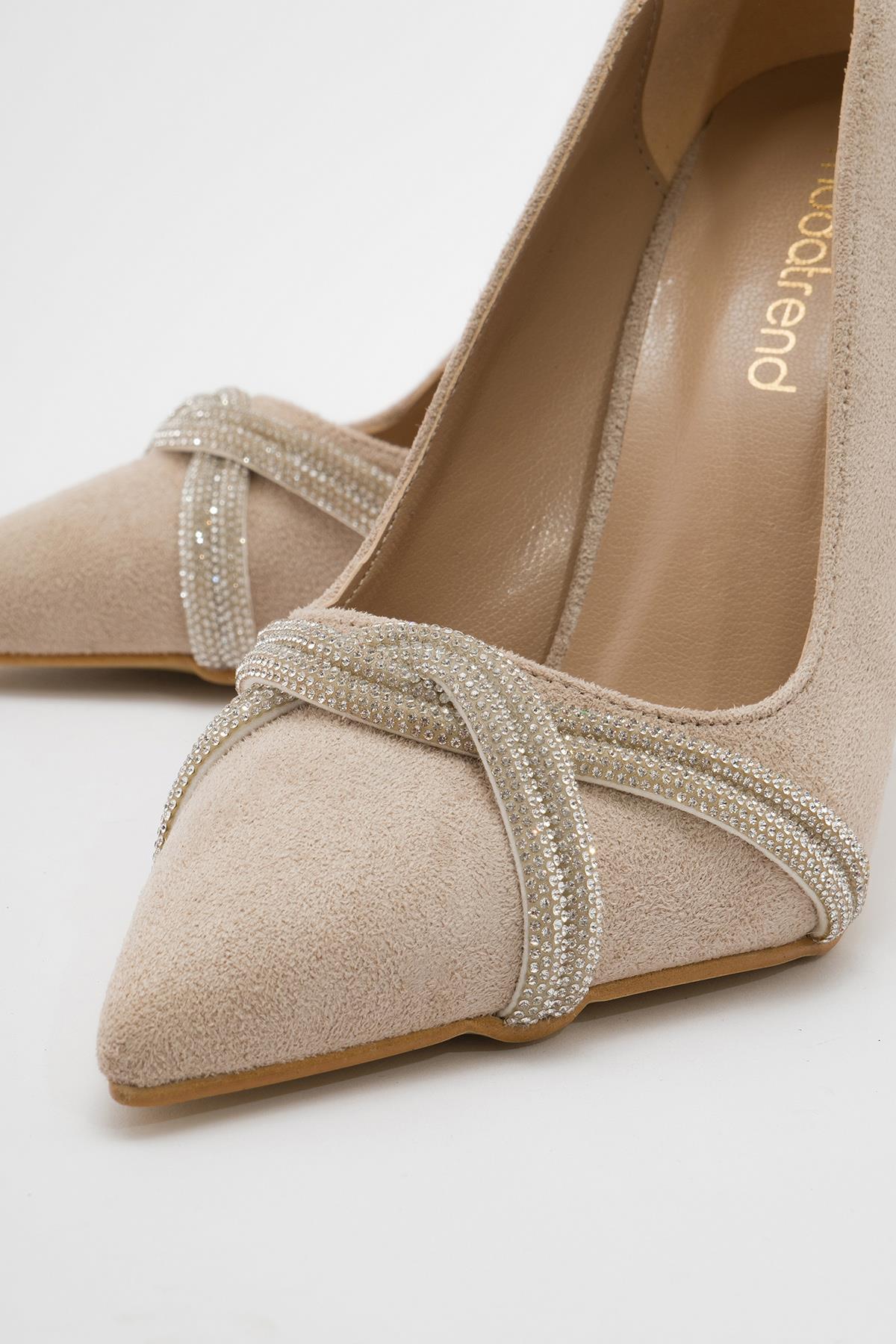 Kadın Çapraz Taşlı Topuklu Ayakkabı TEN SÜET - Görsel 5