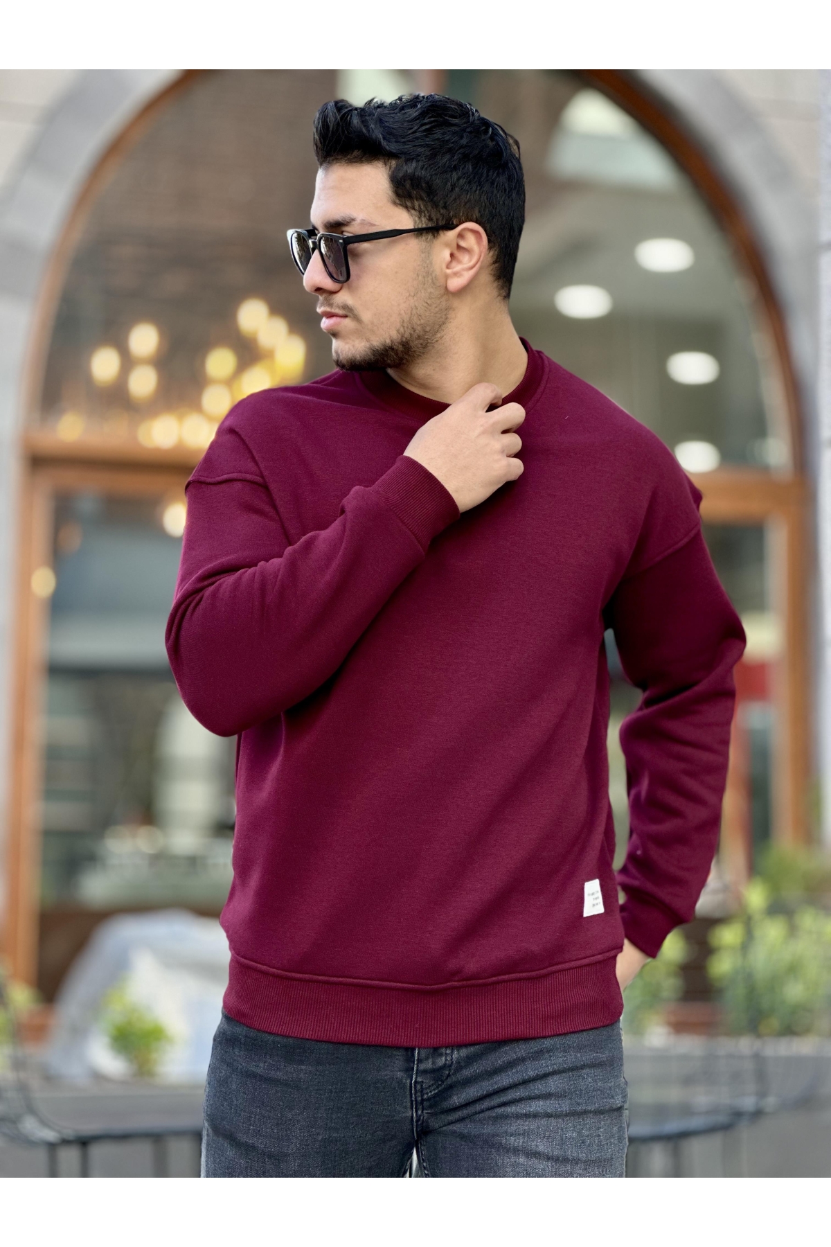 Bordo Unisex Üç İplik İçi Şardonlu Bisiklet Yaka Oversize Sweatshirt- 2320