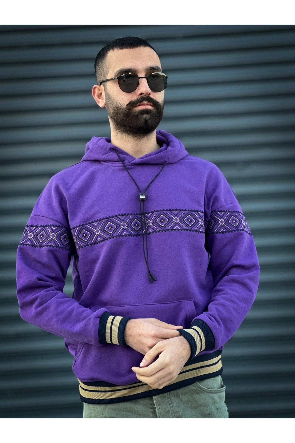 Etnik Nakışlı Sweatshirt Oversize-Mor