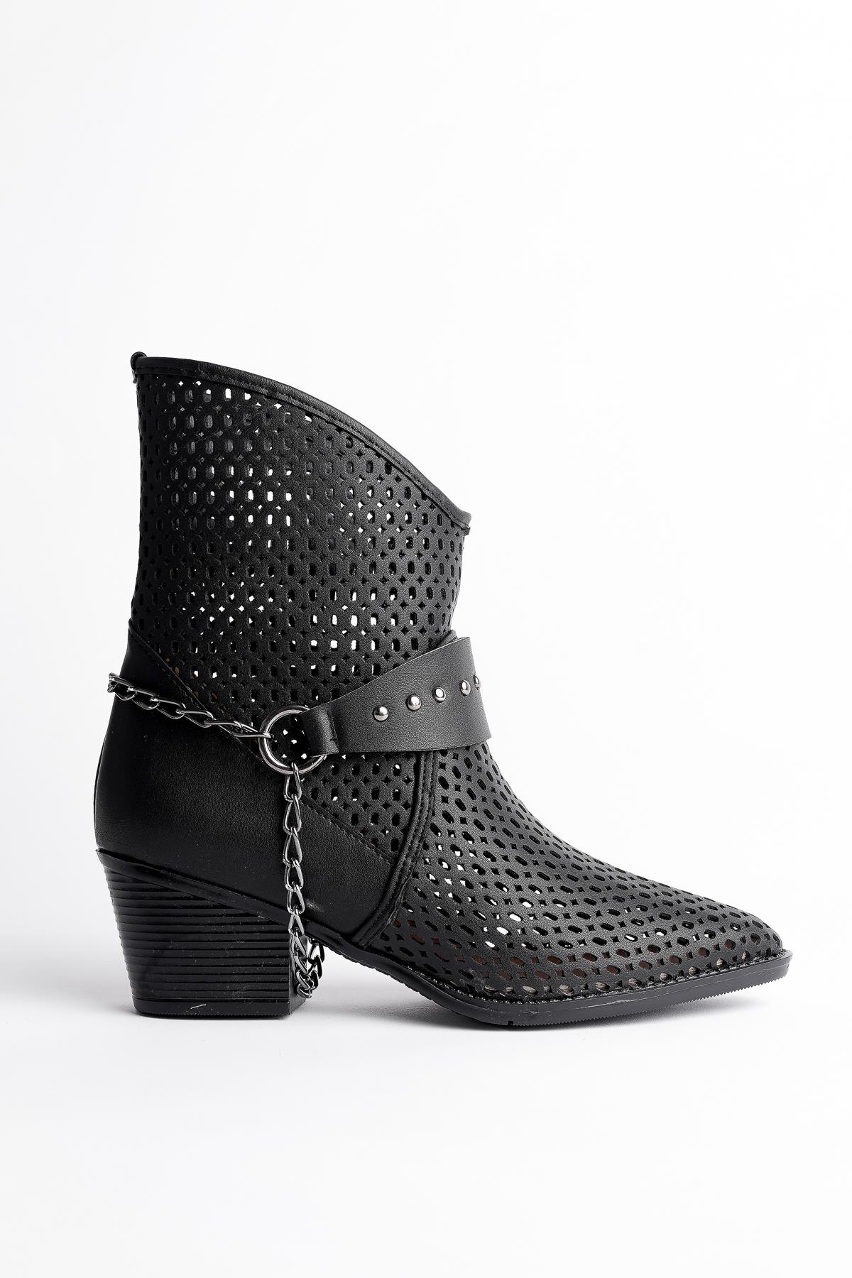 BURNİNG Garantili Kadın Lazer Kesim Zincir Detaylı Delikli Kovboy Yazlık Topuklu Festival Bot - Görsel 8