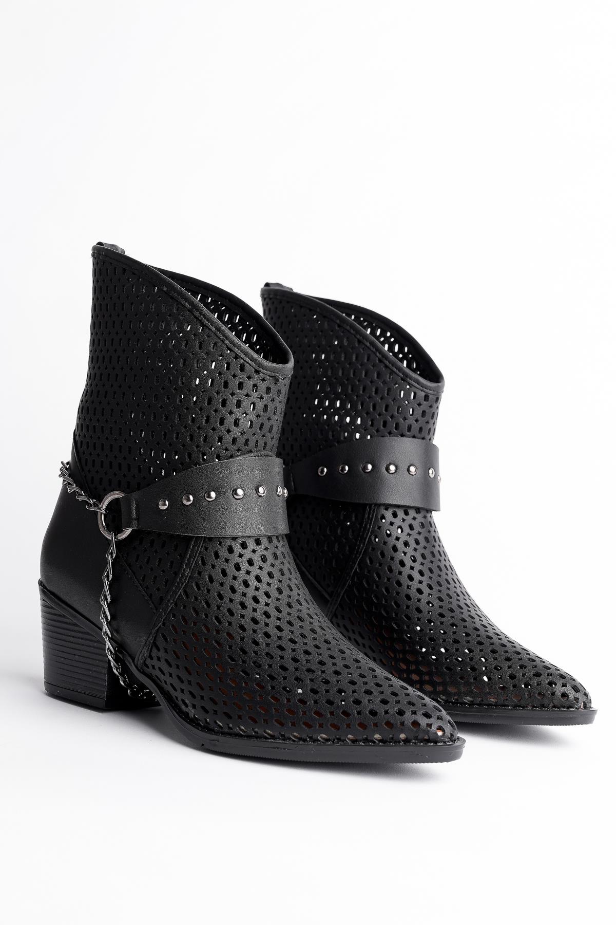 BURNİNG Garantili Kadın Lazer Kesim Zincir Detaylı Delikli Kovboy Yazlık Topuklu Festival Bot - Görsel 9