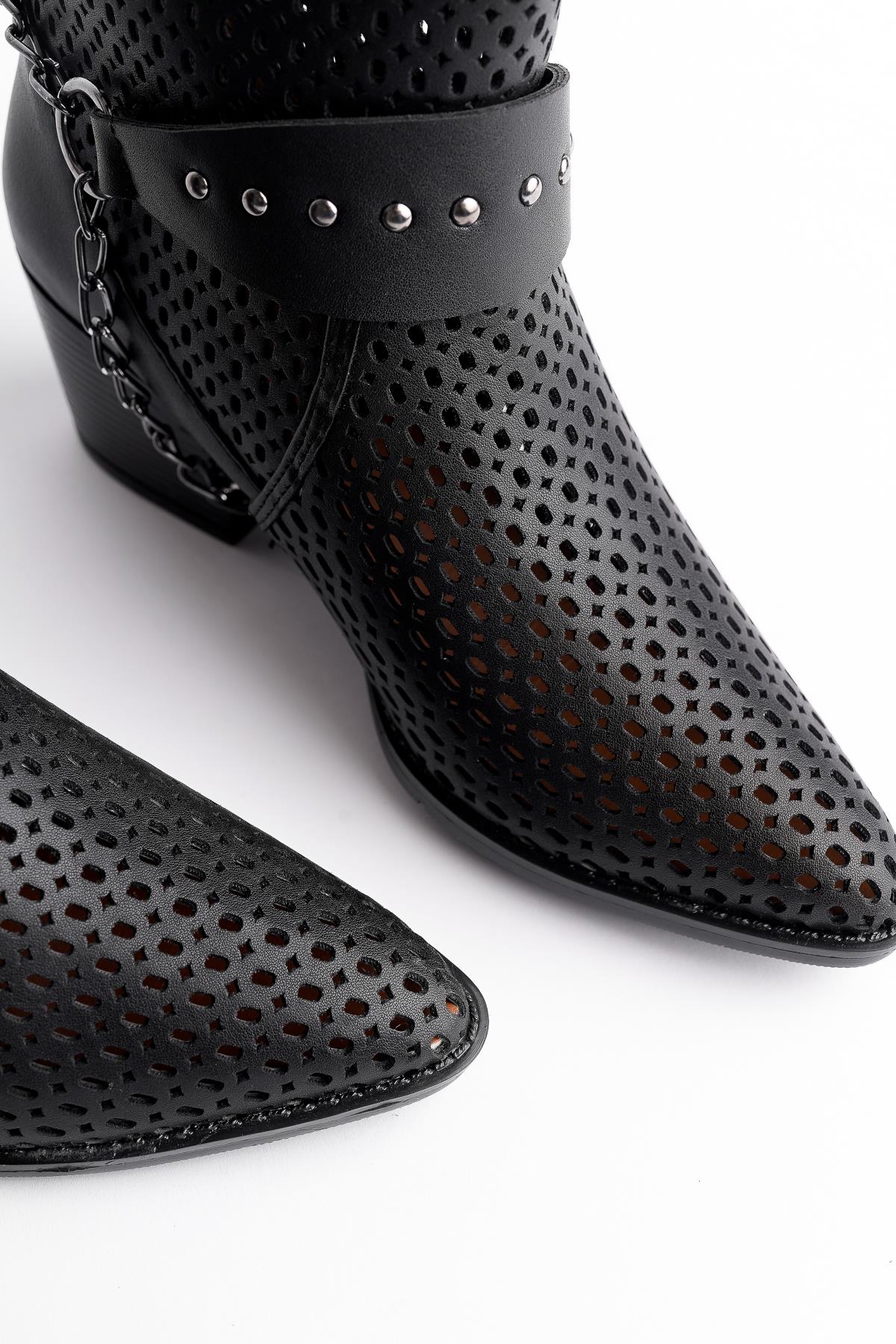 BURNİNG Garantili Kadın Lazer Kesim Zincir Detaylı Delikli Kovboy Yazlık Topuklu Festival Bot - Görsel 10